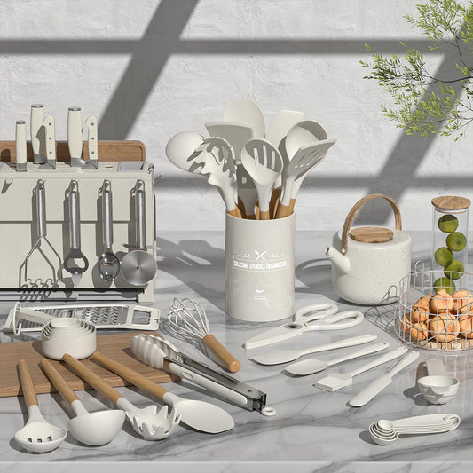Umite Chef Silicone Kitchen Utensil Set, 34PCS Heat Resistant Kitchen Gadgets and Tools With Grater, Cream White Wood Handles for Nonstick Cookware