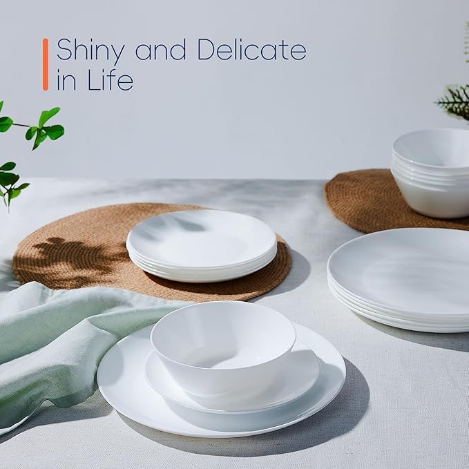 Dinnerware Sets for 4, LaGlint 12 Pieces Opal Glass Plates and Bowls Set, Dishwasher and Microwave Safe Dish Dinning Ware, Chip and Scratch Resistant Dishware White