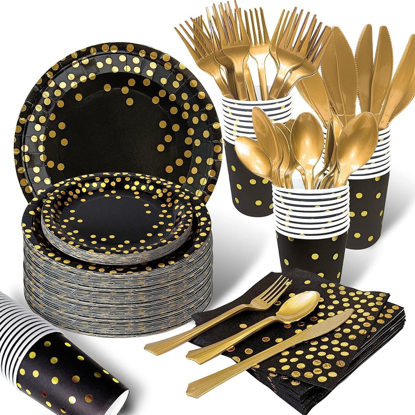 AIRE 175PCS Black Gold Paper Plates Party Supplies Dinnerware Sets for 25 Guests, Disposable Paper Party Plates, Dessert Plates, Cups, Napkins, Plastic Spoons, Forks, Knives for Wedding, Birthday
