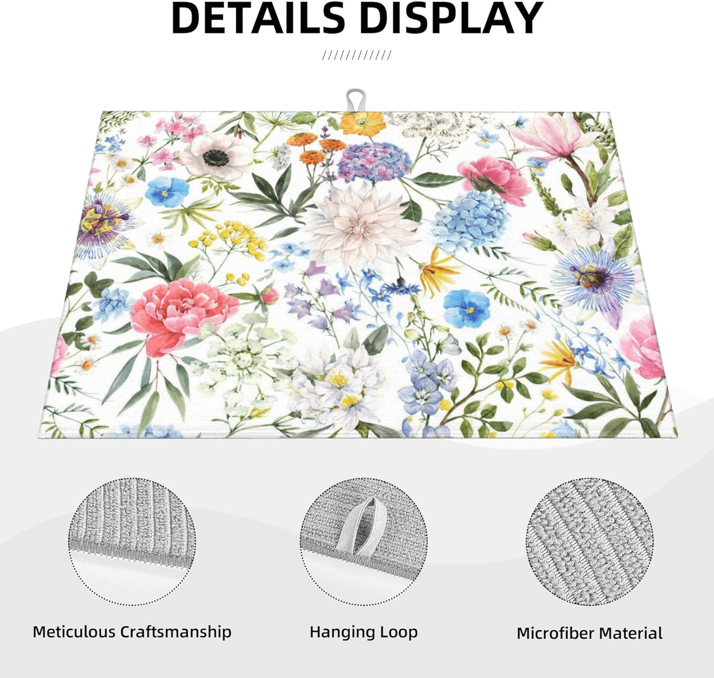 Colorful Flowers Dish Drying Mat for Kitchen Counter, 18"x24" Microfiber Absorbent Fast Dry Mat, 2Pcs Dish Mat Faucet Mats Sets, Large Drying Kitchen Mat Kitchen Drying Pad Coffee Bar Decor Gifts