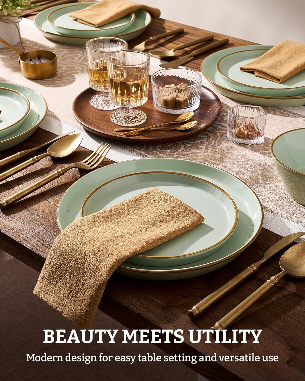 Famiware Saturn Dinnerware Sets, Plates and Bowls Sets for 4, 12 Pieces Stoneware Dish Set - Chip and Scratch Resistant, Microwave and Dishwasher Safe Tableware Set, Light Green with Rim