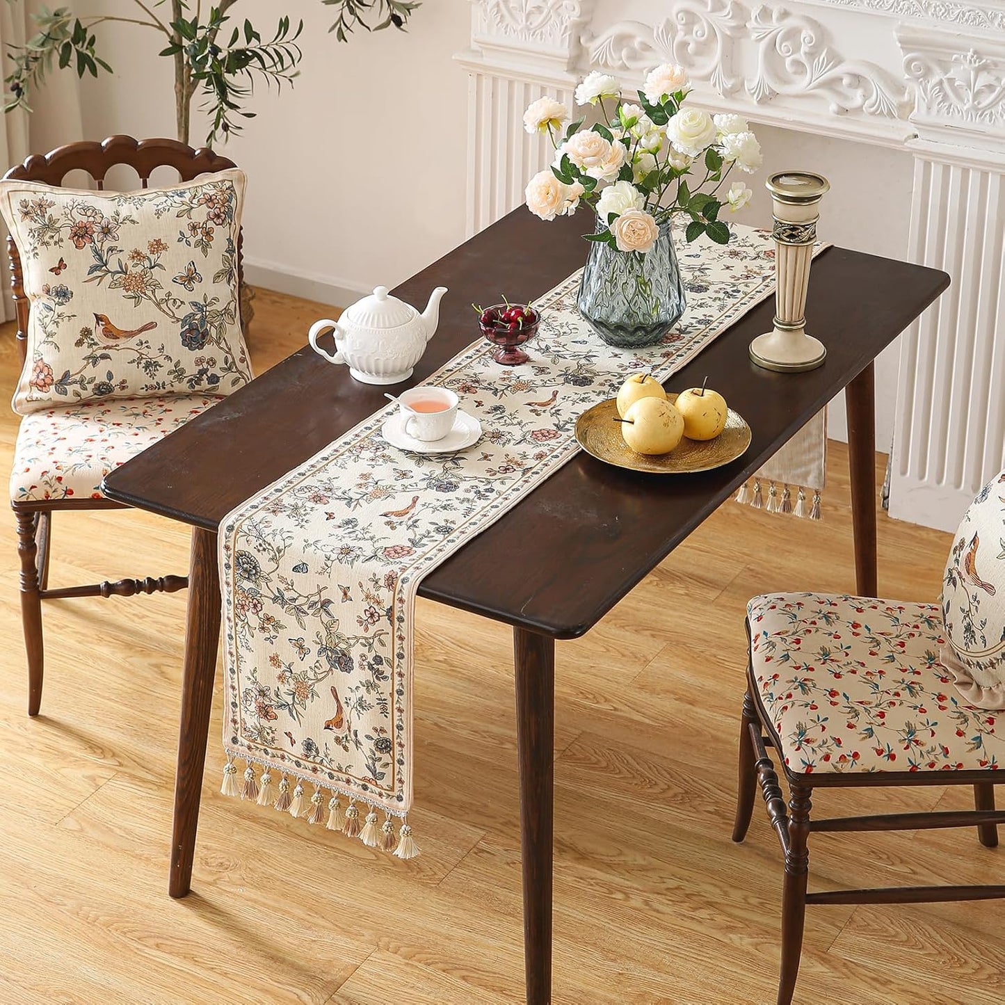 ISAENNE Designer Linen Table Runner 118 Inches Extra Long,Elegant Floral Bird Pattern Table Runners for Dining Room,Farmhouse Rustic Kitchen Decor,Thanksgiving,Christmas,12"*118"-Cornucopia