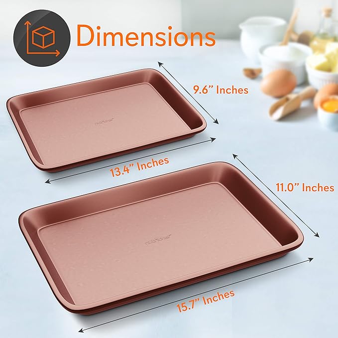 NutriChef Nonstick Cookie Sheet Baking Pan - 2pc Large & Medium Metal Oven Baking Tray, Professional Quality Kitchen Cooking Non-Stick Bake Trays w/ Rimmed Borders, Rose Gold