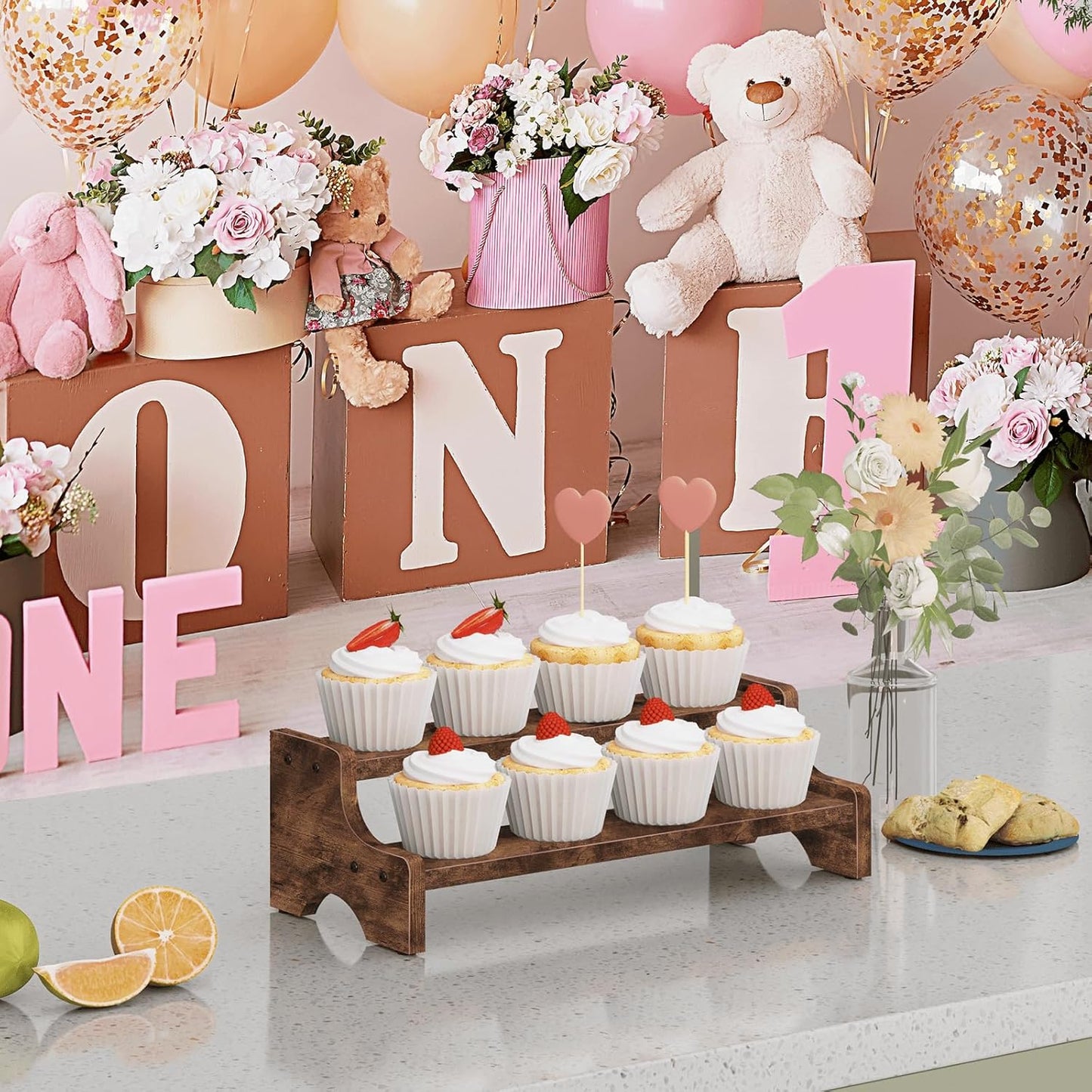 Wood Display Stand, 2 Tier Perfume Organizer Display Riser Cupcake Stand, Tiered Step Shelf Countertop Spice Storage Holder for Kitchen Pantry Cabinet, Rustic Brown