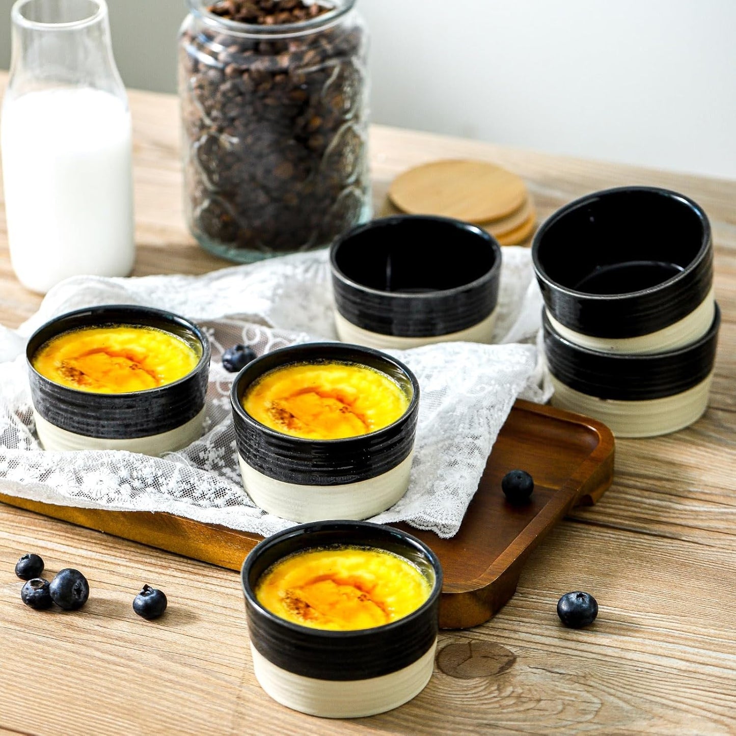 Ramekins 6 OZ for Creme Brulee Oven Safe,Ceramic Souffle Cups Set of 6,Small Dipping Sauce Cups for Charcuterie,Dessert,Dipping Sauce,Custard and Pudding,Microwave & Oven Safe,Patchwork Black