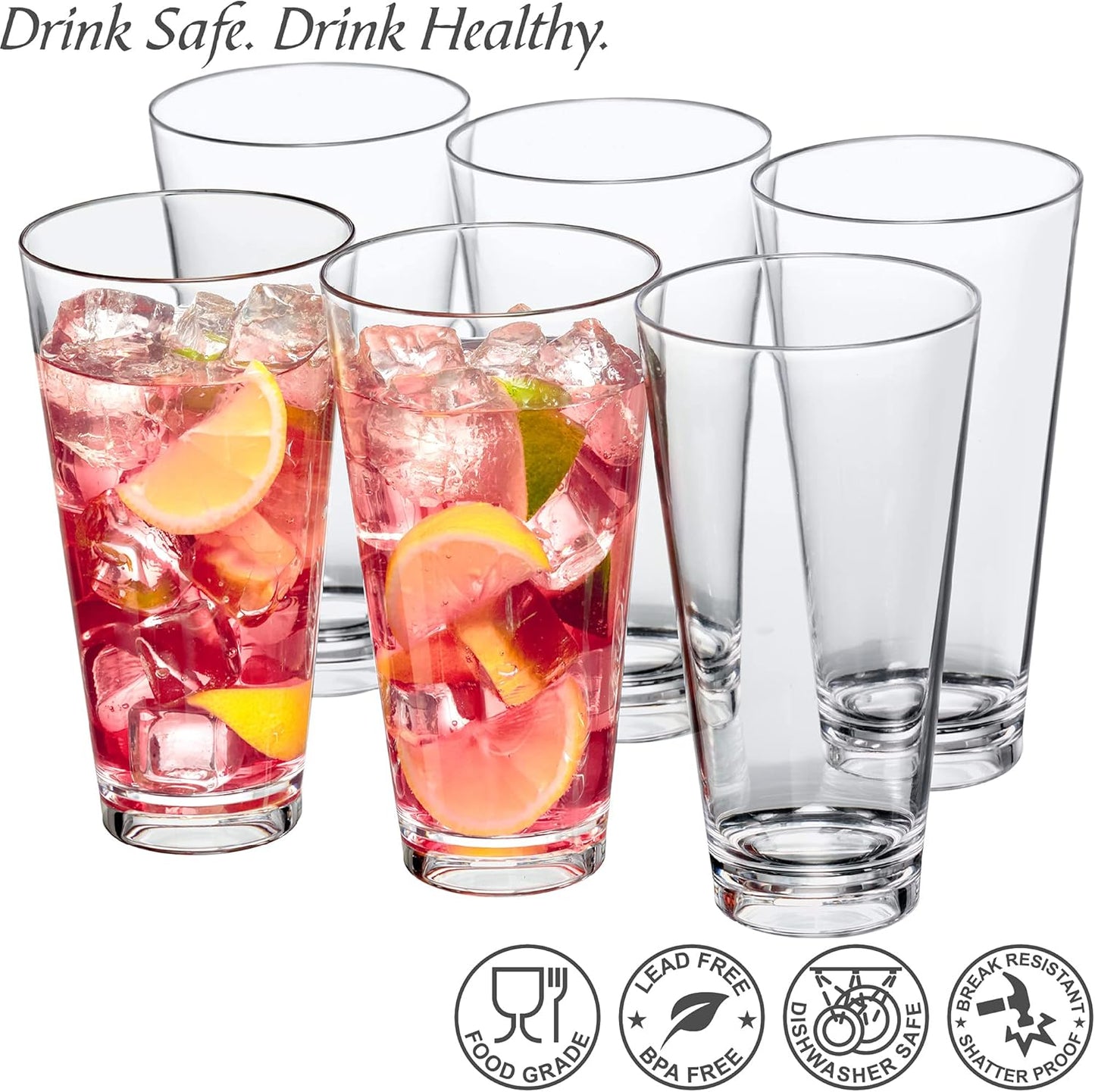 Amazing Abby Serenity - 24-Ounce Plastic Tumblers (Set of 6), All-Clear Reusable, Stackable, BPA-Free, Shatter-Proof, Dishwasher-Safe