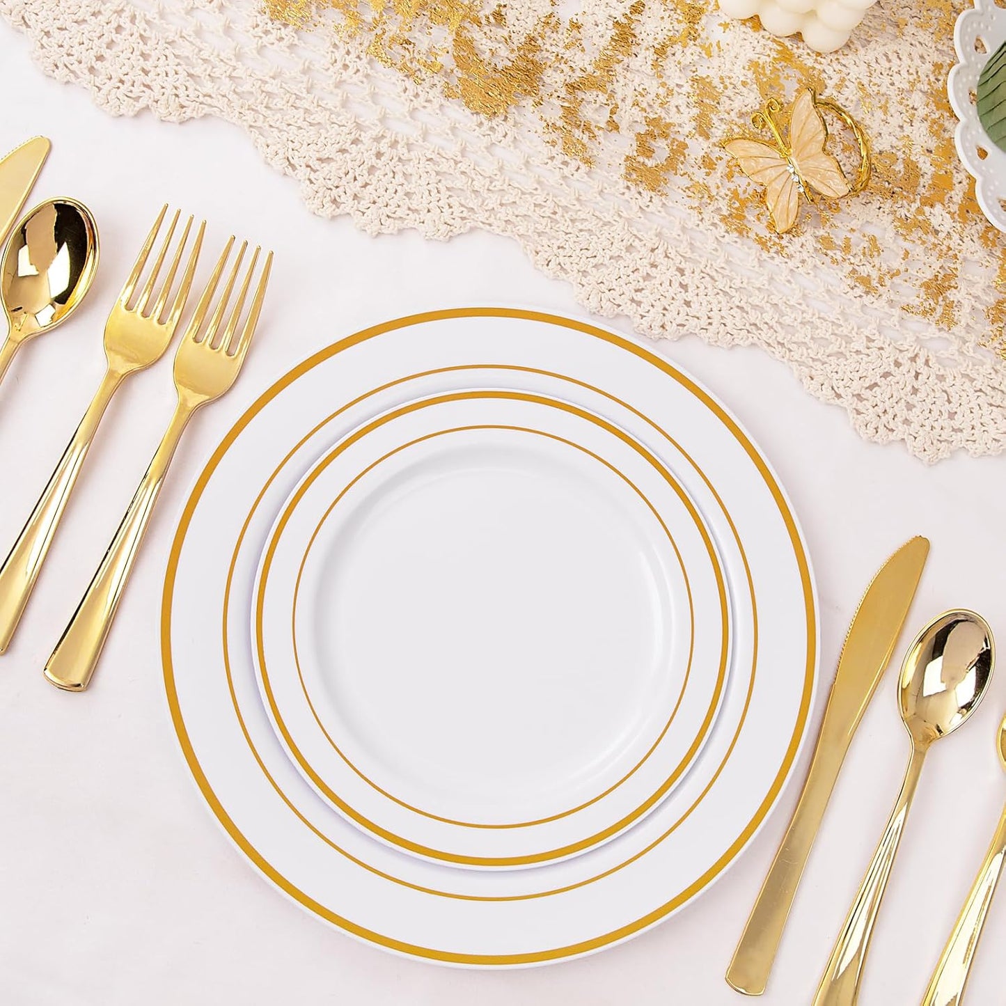 I00000 300 Pcs Gold Plastic Plates with Silverware, White and Gold Plastic Dinnerware Set for Party include: 60Dinner Plate 10.25", 60Dessert Plate 7.5", 60 Silverware Sets for christmas