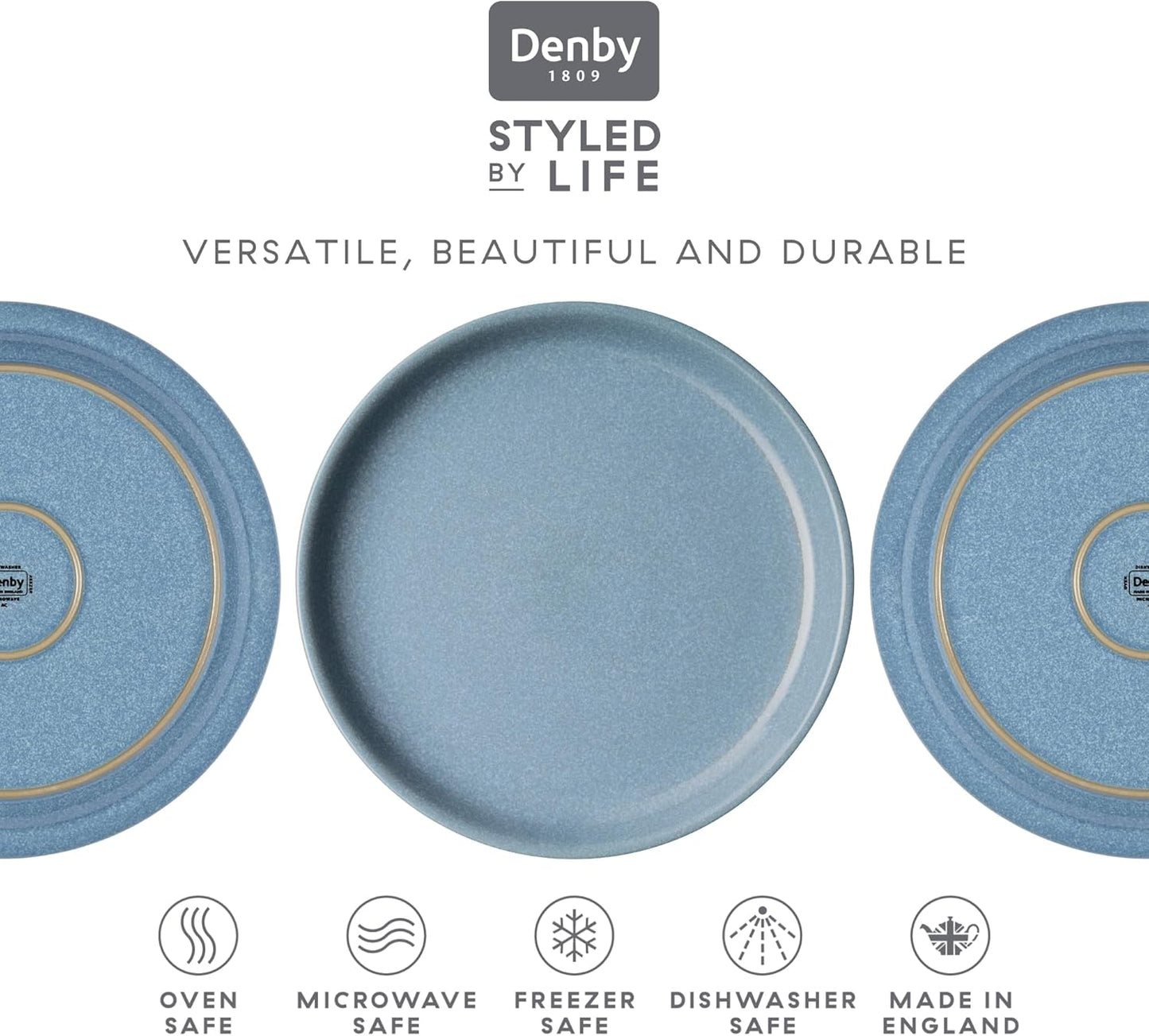 Denby - Elements Blue Coupe Salad Plates Set of 6 - Dishwasher Microwave Oven Safe - Scratch Chip Resistant Lunch, Appetizer, Dessert Plates - 8.25 Inch Ceramic Stoneware Dinnerware Set