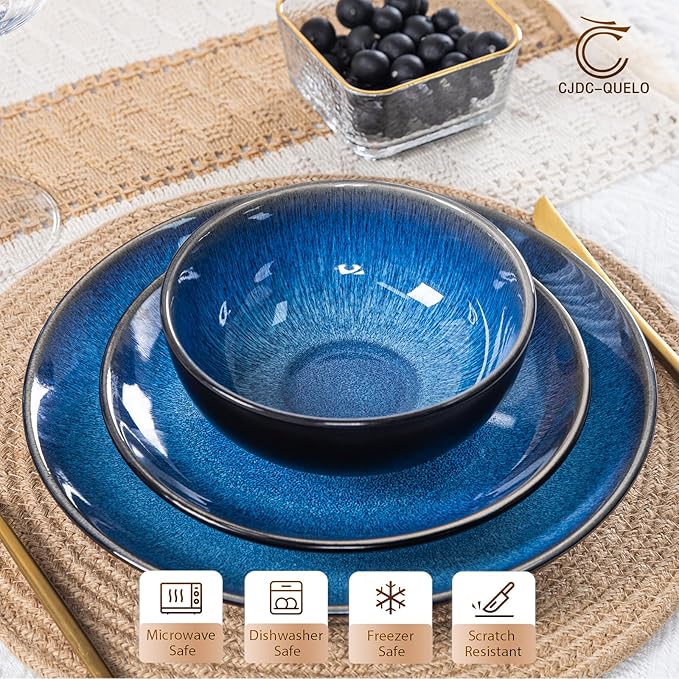 Plates and Bowls Sets for 4 - CJDC-QUELO 12-Piece Stoneware Dinnerware Sets, Ceramic Dishware Set for Kitchen Use and Formal Dining, Chip and Scratch Resistant Microwave Dishwasher Safe, Blue