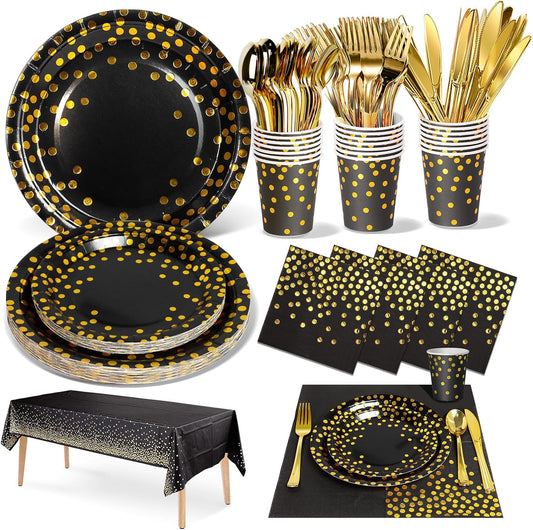 141 Pieces Black Gold Party Supplies, Party Dinnerware Sets Include Paper Plates Napkins Cups Silverware, for Wedding Bridal Shower Engagement Birthday Parties Decoration -20 Serves