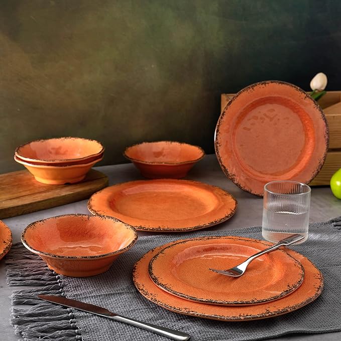 LEHAHA 12 Piece Crackle Lightweight Melamine Dinnerware Set-Service for 4, break-resistant and Durable Rustic Plates and Bowls Dishware Sets Perfect for Patio and Outdoor Activities