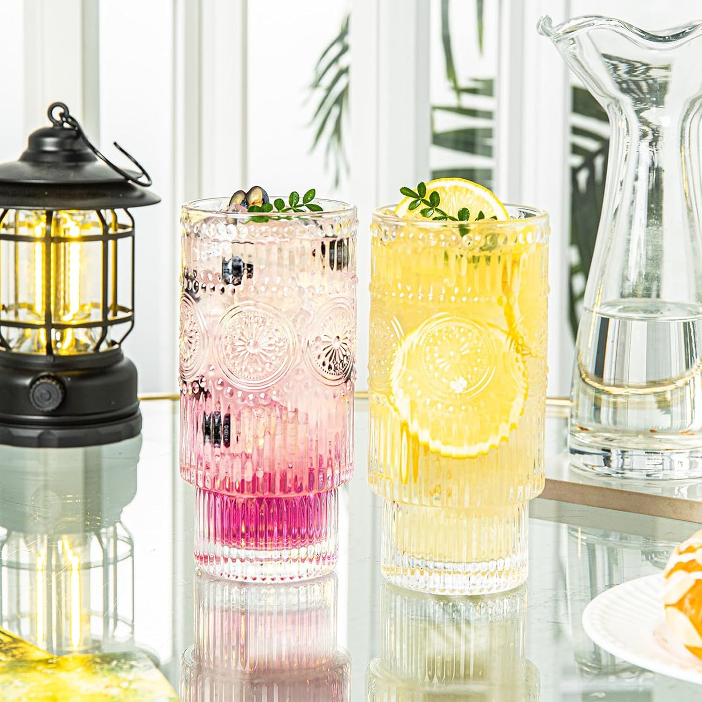 6 Pack Large 16oz Ribbed Glassware Set, With Glass Straws Stackable Glass Cups, Vintage Textured Clear Striped Drinking Glasses Set, for Bar Beverages,Juice,Water,Cocktail,Iced Coffee