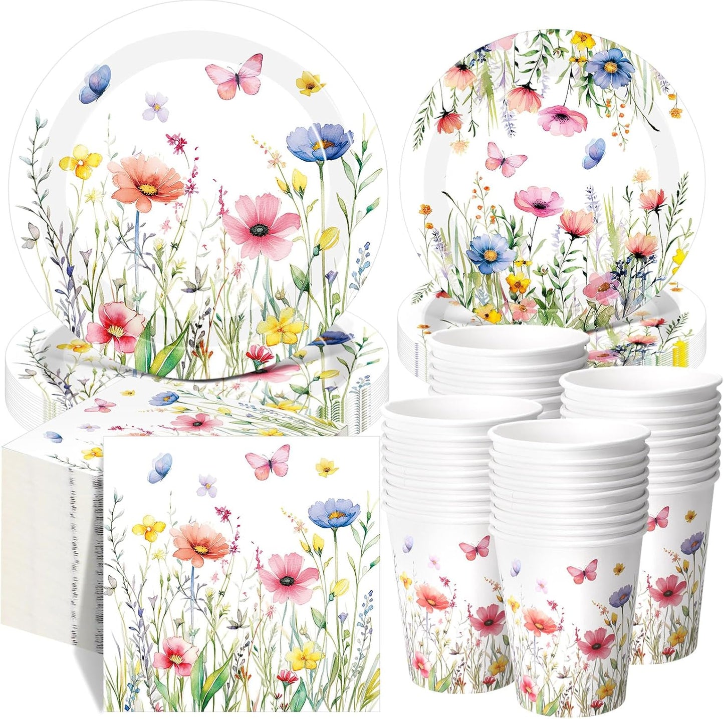 250 Pcs Wildflower Party Decorations Include Spring Summer Floral Paper Plates Napkins and Cups for Wildflower Baby Shower Tea Decorations, Serve 50 Guest(Colored,Vivid Style)