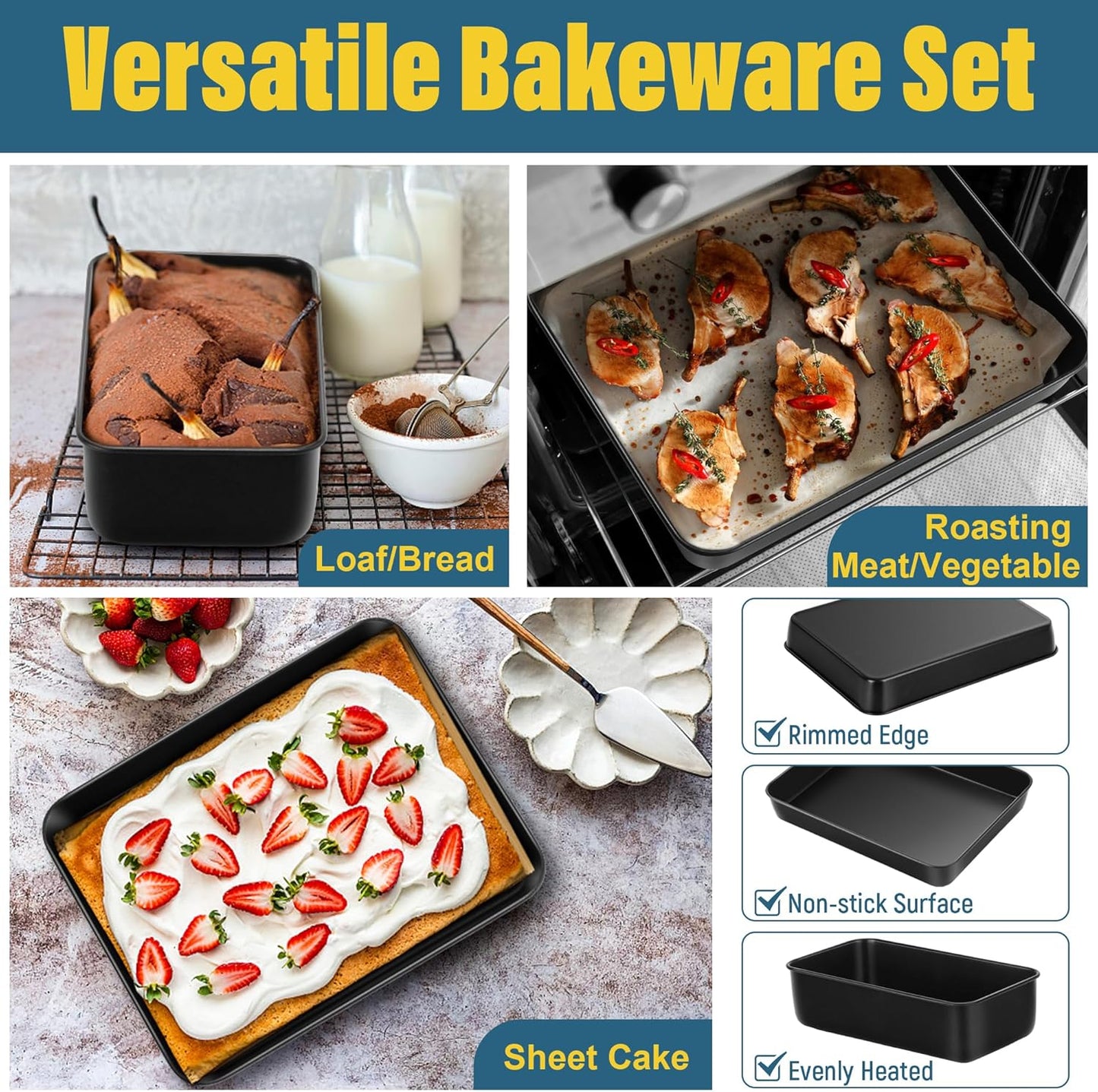 E-far 6-Piece Bakeware Sets, Nonstick Stainless Steel Baking Pans Set - 8x8 Square/Round Cake Pan/Muffin/Loaf Pan/Roasting Tray/Cookie Sheet - for Kitchen Oven Cooking Lasagna Brownie Casserole, Black