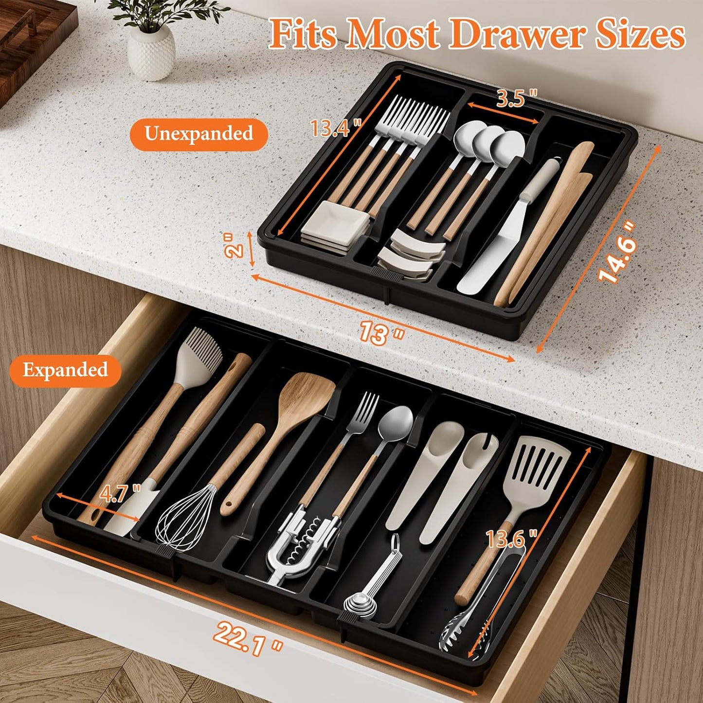 Large Silverware Organizer, Expandable Utensil Drawer Organizer for Kitchen Drawers, Kitchen Drawer Organizer for Spoons/Forks/Knives, Multipurpose & BPA Free Cutlery Tray, Black, 1 Pack