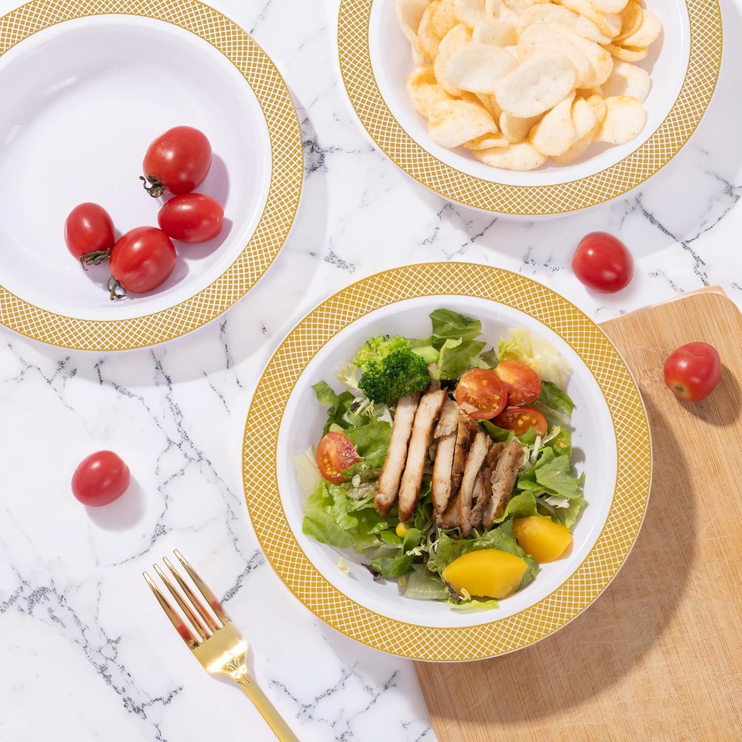 I00000 100 Gold Plastic Bowls, 12 oz White Disposable Bowls,Fancy Plastic Salad Bowl,Premium Heavy Duty Disposable Soup Bowl for Parties,Weddings,Dinners, Catering, Picnics