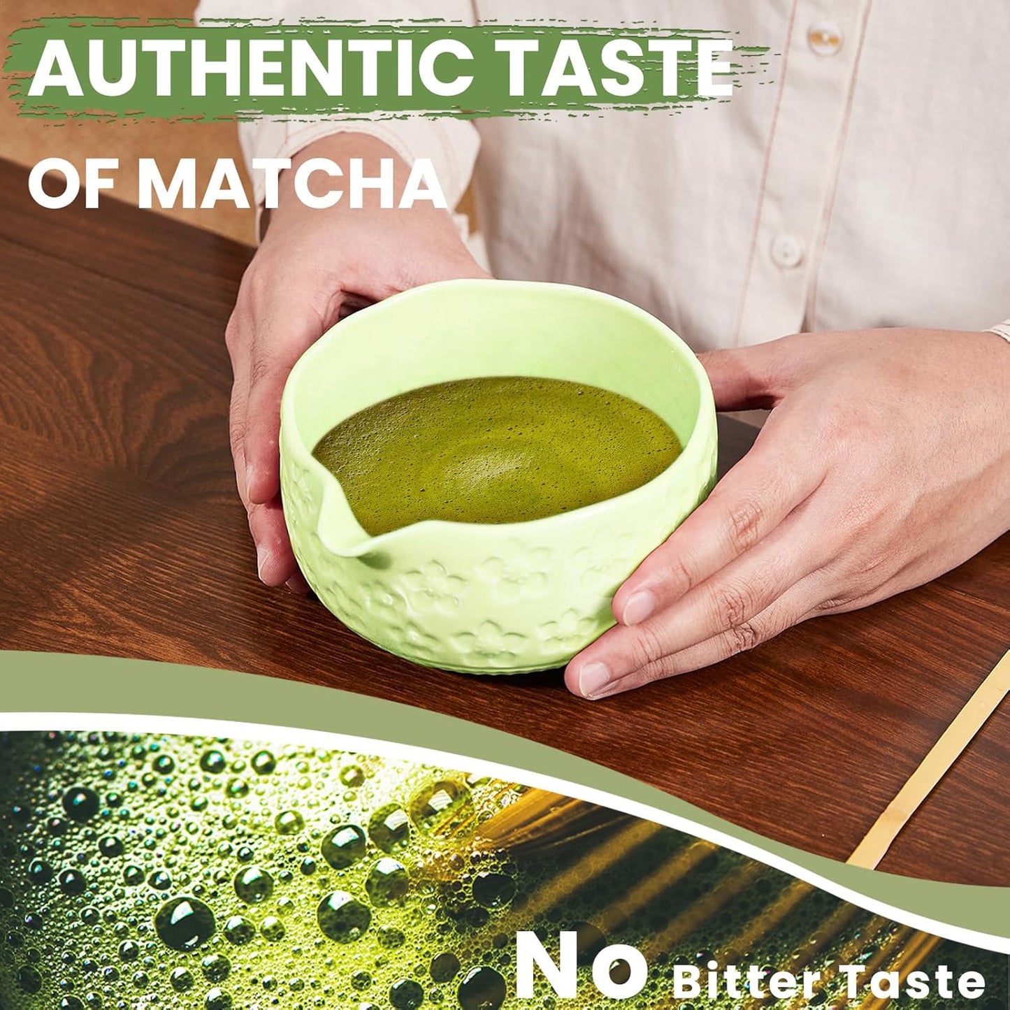 Matcha Whisk Set, Sakura Green Ceramic Matcha Set Includes Matcha Bowl, Matcha Whisk (Chasen) and Holder, Sifter, Bamboo Scoop & Spoon - 6 Pcs Matcha Kit for Matcha Lovers