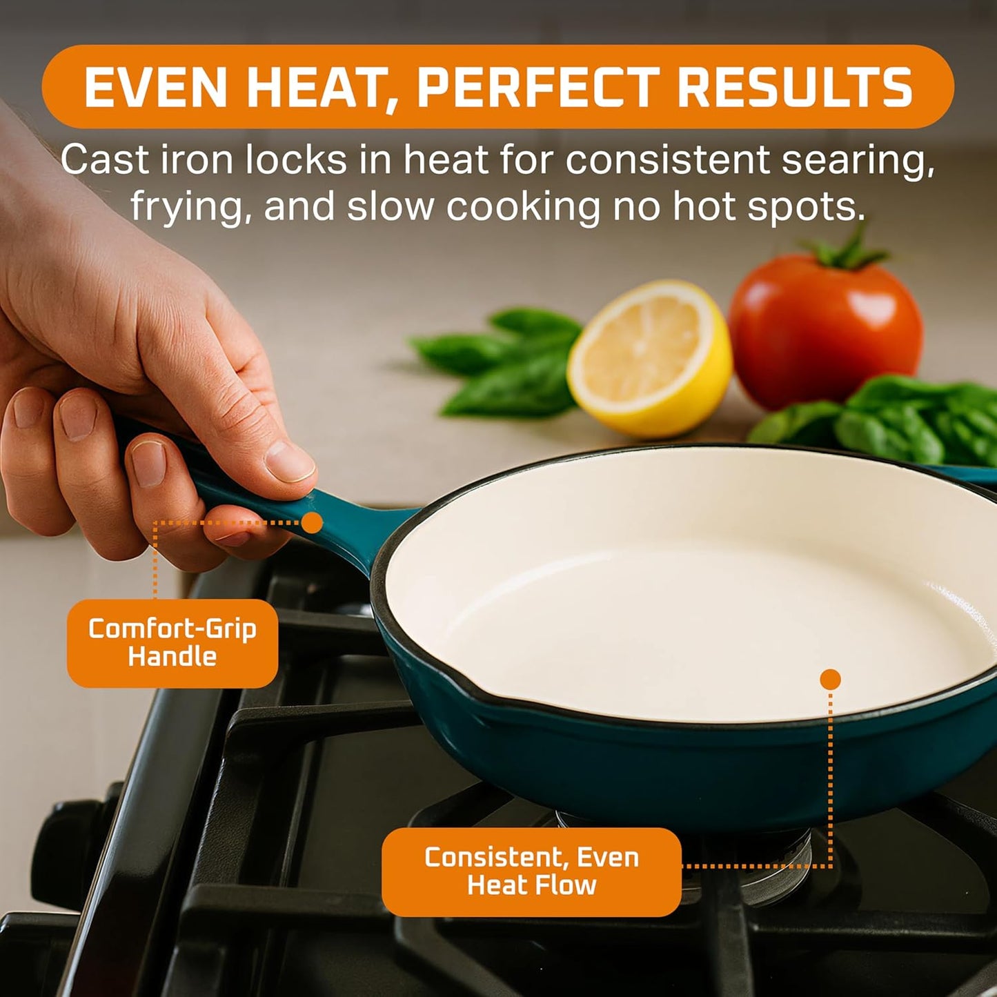 Bruntmor Cast Iron Pan - 10x16-Inch Round Skillet with Pour Spout - Frying Pan Compatible with Stovetops, Ovens, and Grills -Pre-Seasoned Non-Stick Surface Kitchen Tool and Cookware for Frying - Teal