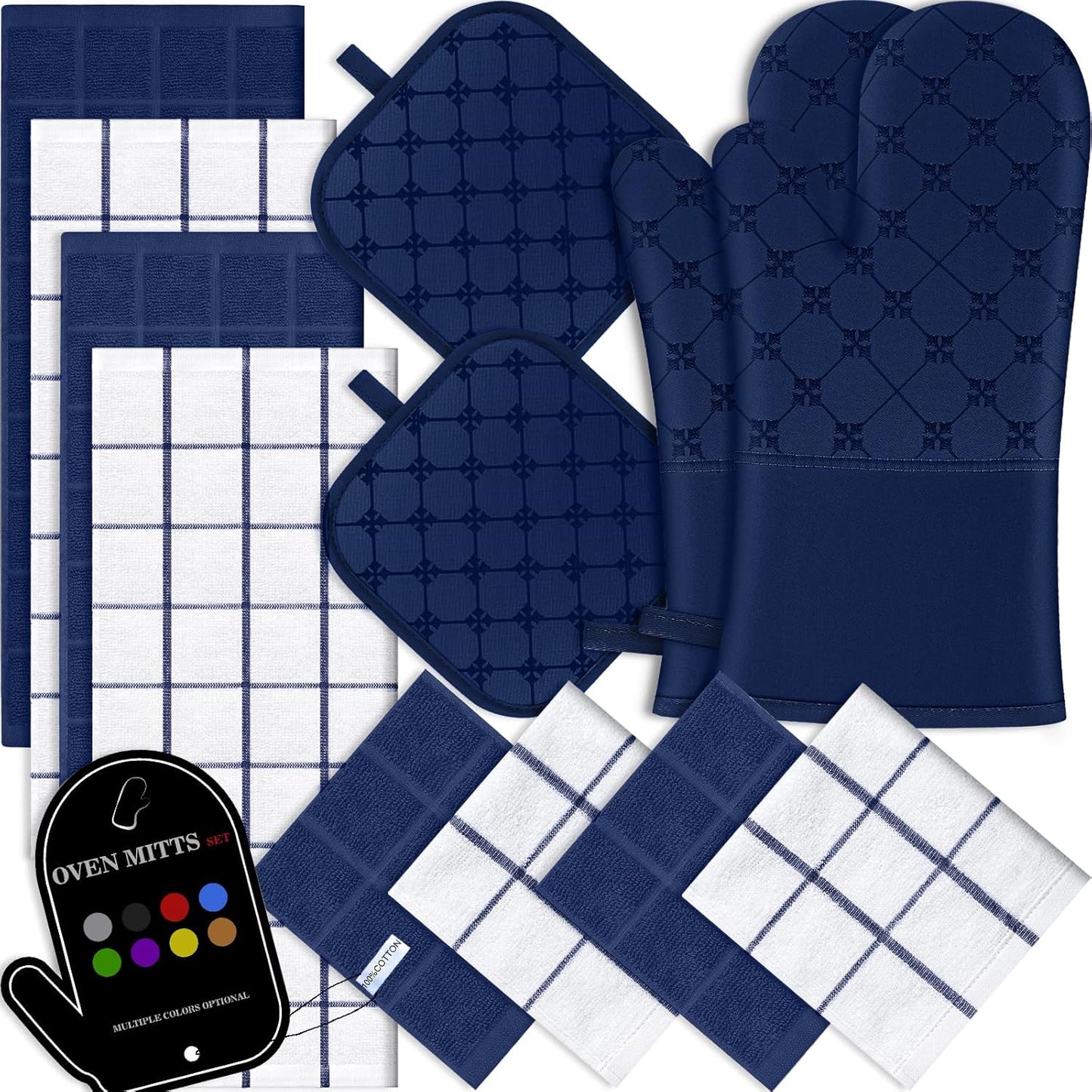 Oven Mitts Kitchen Towels Dishcloths with Pot Holders Sets 12PCS,Dish Towels Sets,Oven Gloves Pot Pads Heat Resistant 500 Degrees with Non-Slip Silicone Surface for Cooking Baking Grilling-Marine Blue