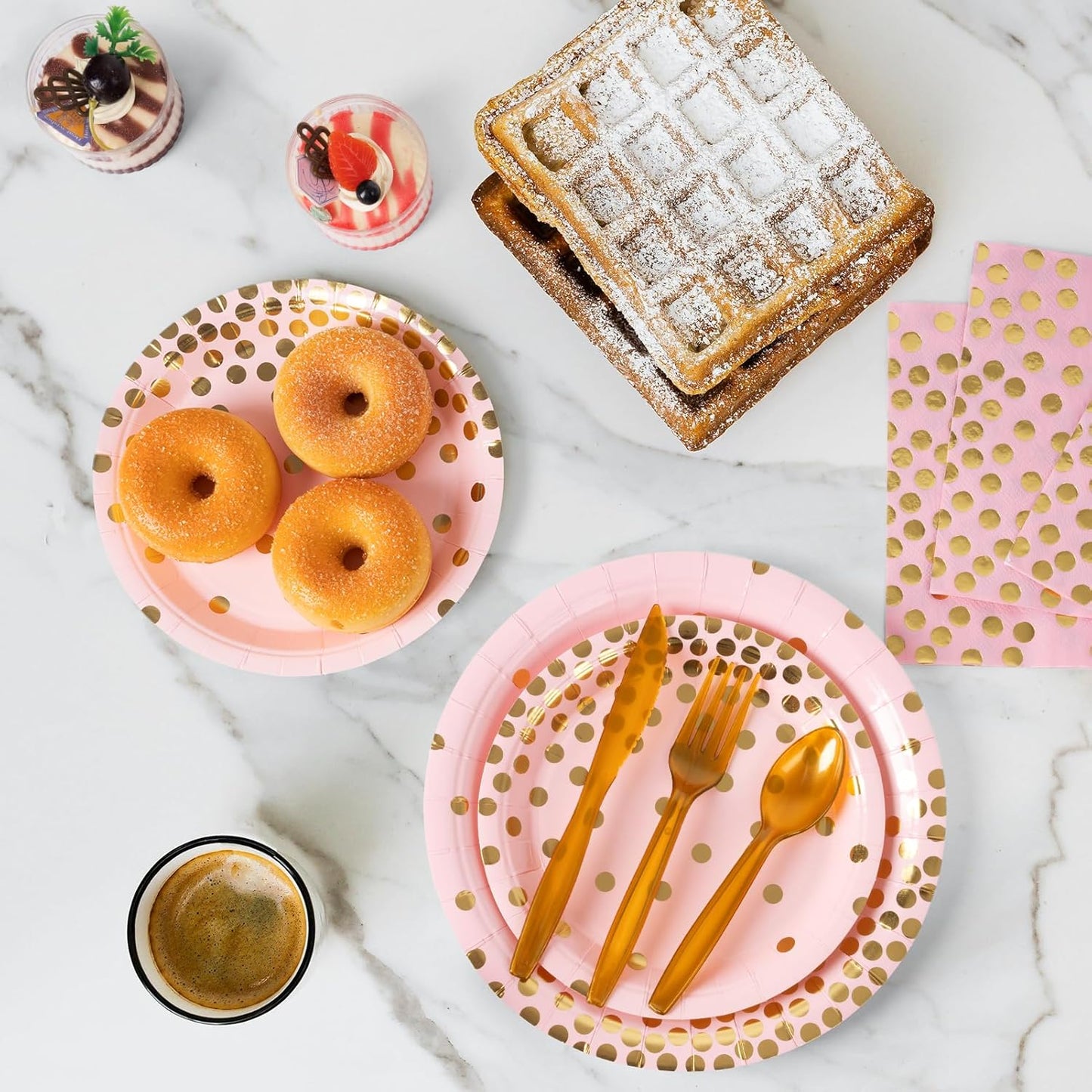 DECORLIFE 336PCS Pink and Gold Disposable Dinnerware Set Serves 48, Pink Paper Plates Napkins Cups, Gold Plastic Forks Spoons Knives for Wedding Baby Shower Princess Birthday Party Supplies