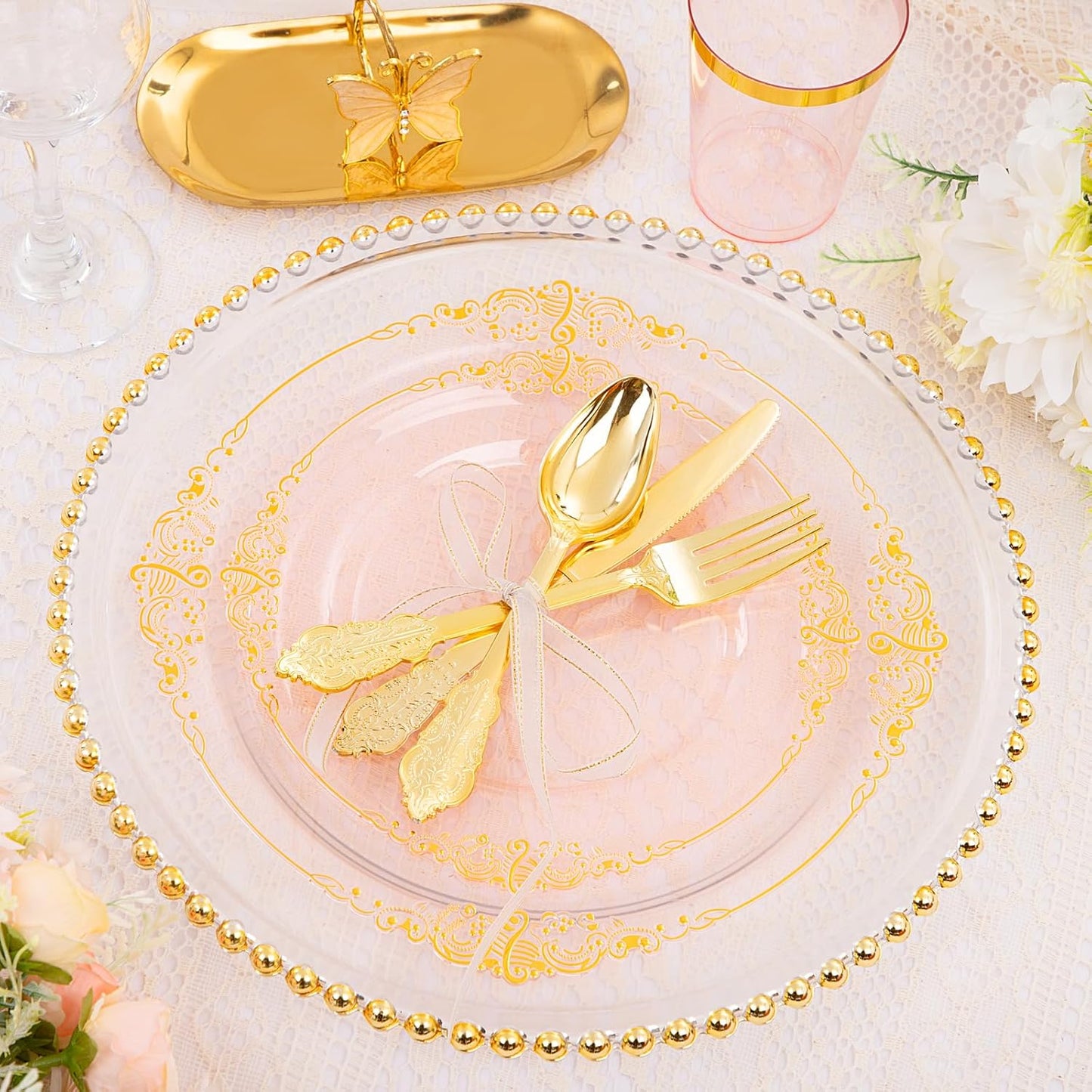 Hioasis 175pcs Clear Pink Plastic Plates - Elegant Disposable Dinnerware Set Suitable for 25 Guests Include 10.25" Dinner & 7.5" Dessert Plates, Cutlery, Napkins, Cups for Party & Wedding
