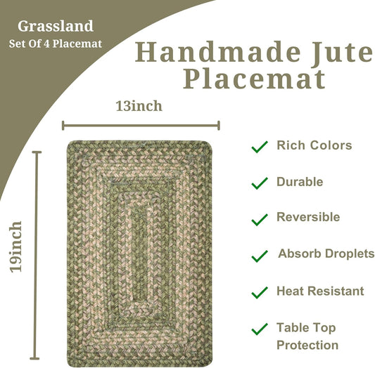 Homespice Grassland Jute Woven Placemats, Warm Country Rustic Decor, Set of 4, Green 13x19 Rectangle Table Mats - Vibrant Colors, Durable, Easy to Clean and Protects Furniture
