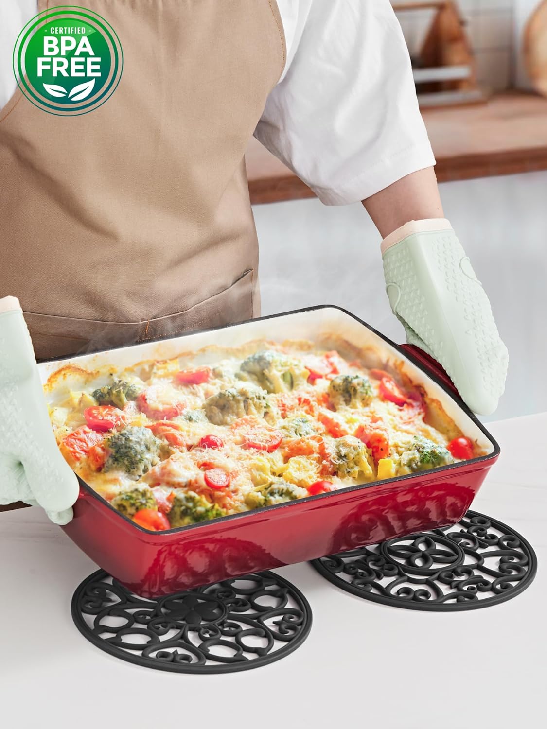 SMARTAKE 3 Set Silicone Trivet Mats, Multi-Use Carved Trivet Mat, Insulated Non-Slip Durable Kitchen Mats, Flexible Modern Kitchen Table Mat, for Hot Dishes, Pots, Dining Countertop, Black