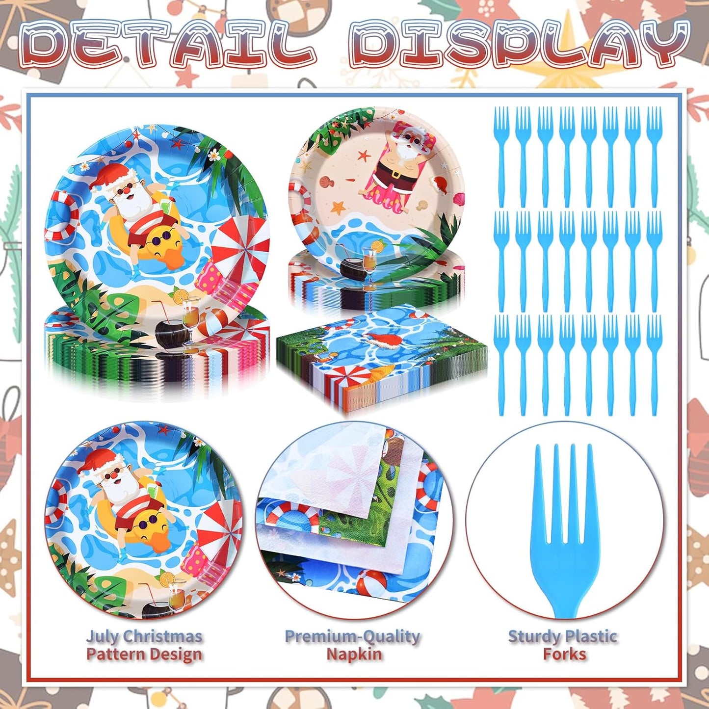 96 Pieces Christmas July Disposable Tableware Set - Tropical Beach Santa Party Supplies with Paper Plates, Napkins, Forks for Holiday Celebrations, Hawaiian Summer Christmas, and Pool Party Decor