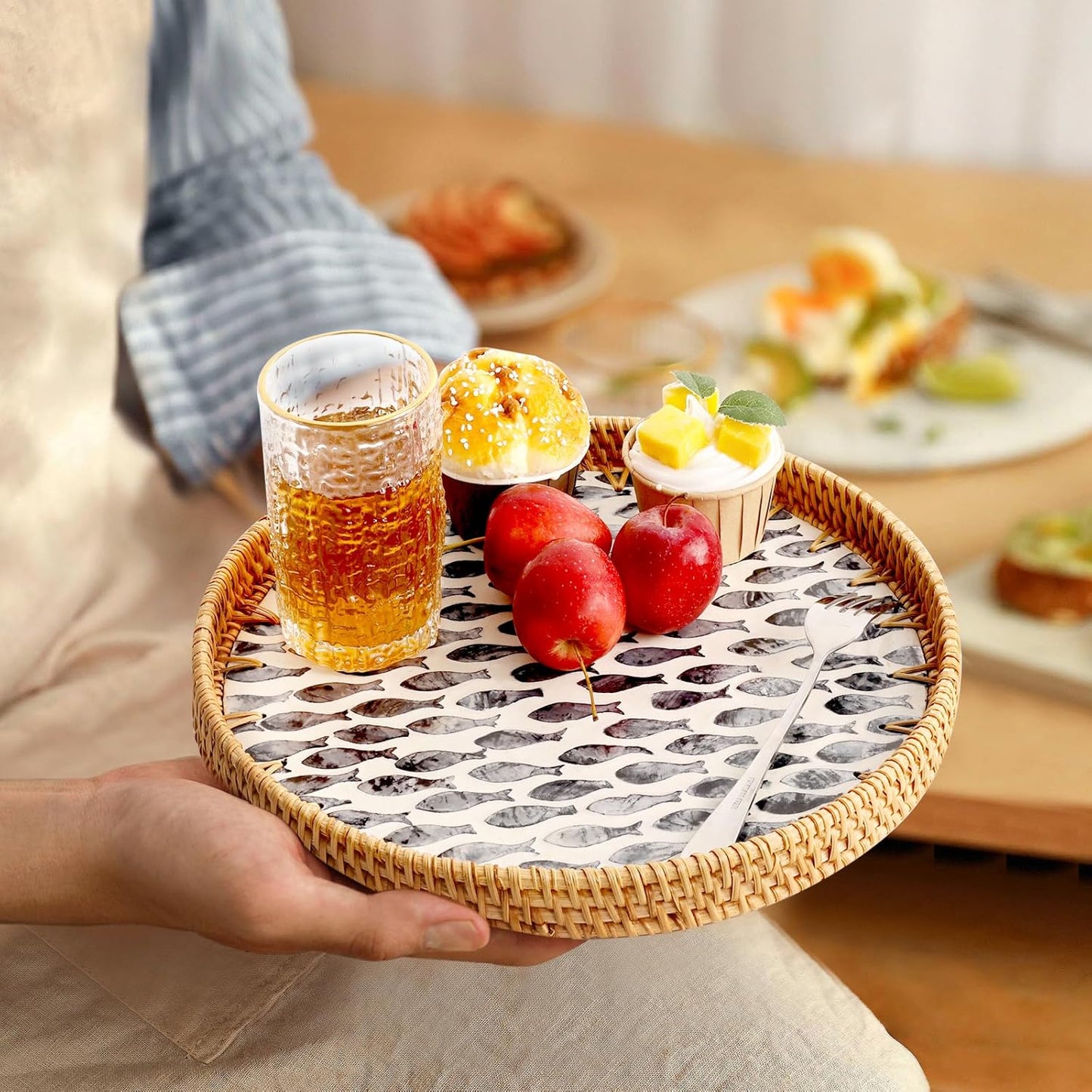 Round Rattan Tray with Mother of Pearl Inlay, Rattan Serving Tray for Coffee, Bread, Fruits, Decorative Wicker Tray for Table Decor, Home Decor, Kitchen Island Decor (Dark Blue Fish, 11.8")