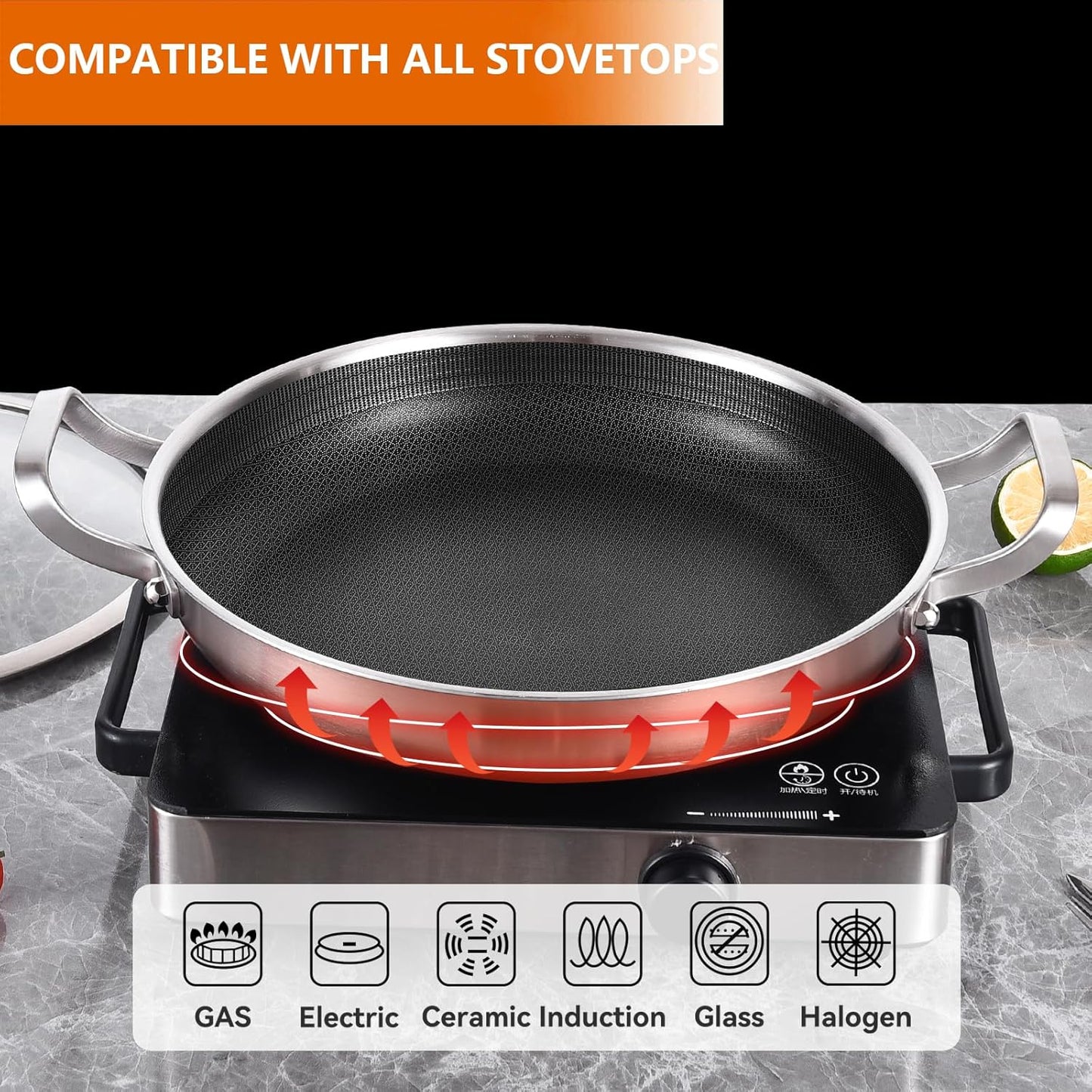 DELARLO Skillet With Lid,Tri-Ply Stainless Steel Pan,12 Inch Non Stick Paella Pan,Skillets And Frying Pans,Nonstick skillet Kitchen Oven Safe Skillet,Heavy Duty Style