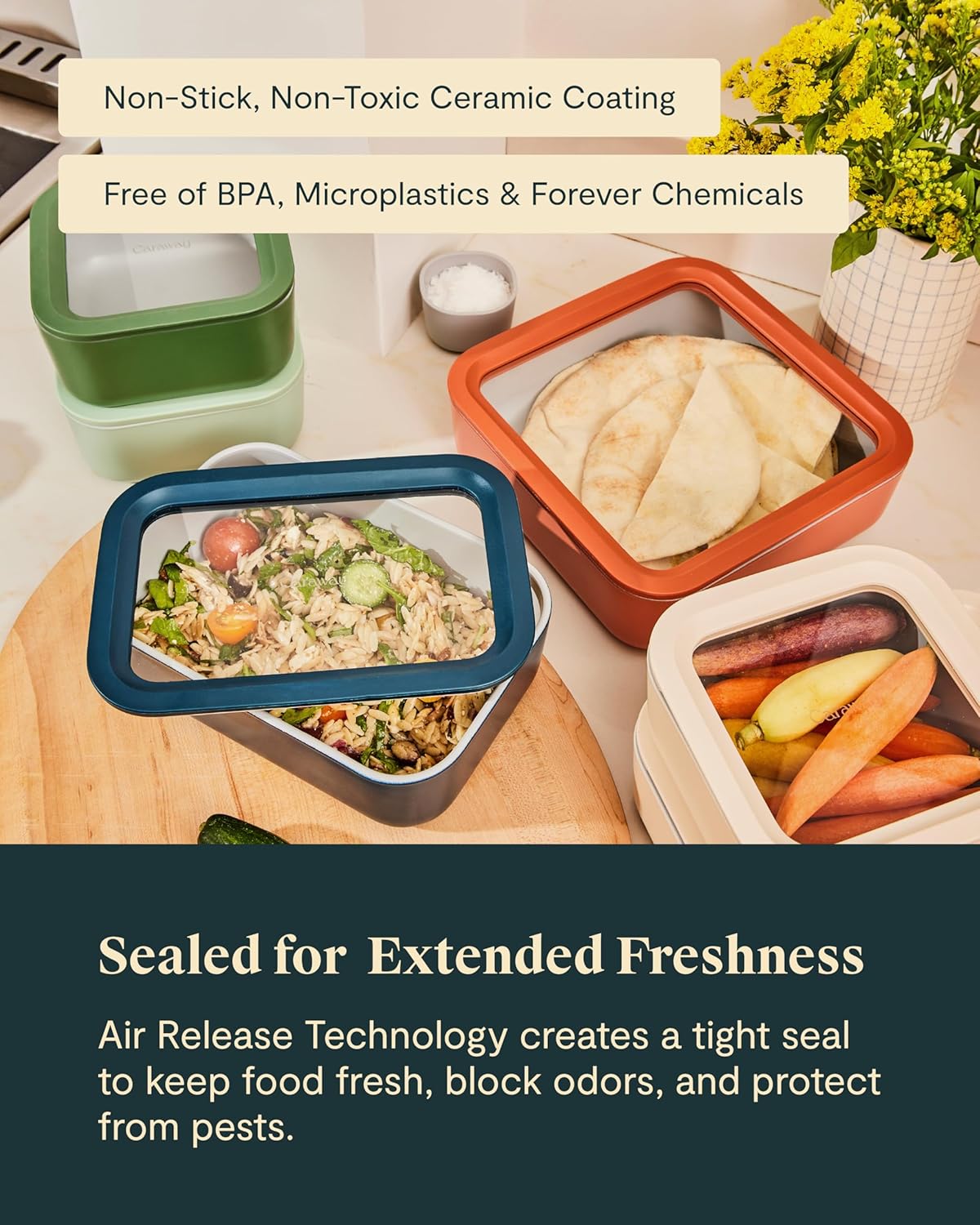 Caraway 13pc Glass Food Storage Container Set - Easy to Store, Non Toxic Lunch Box - with Glass Lids - Includes Storage Organizer - Perracotta