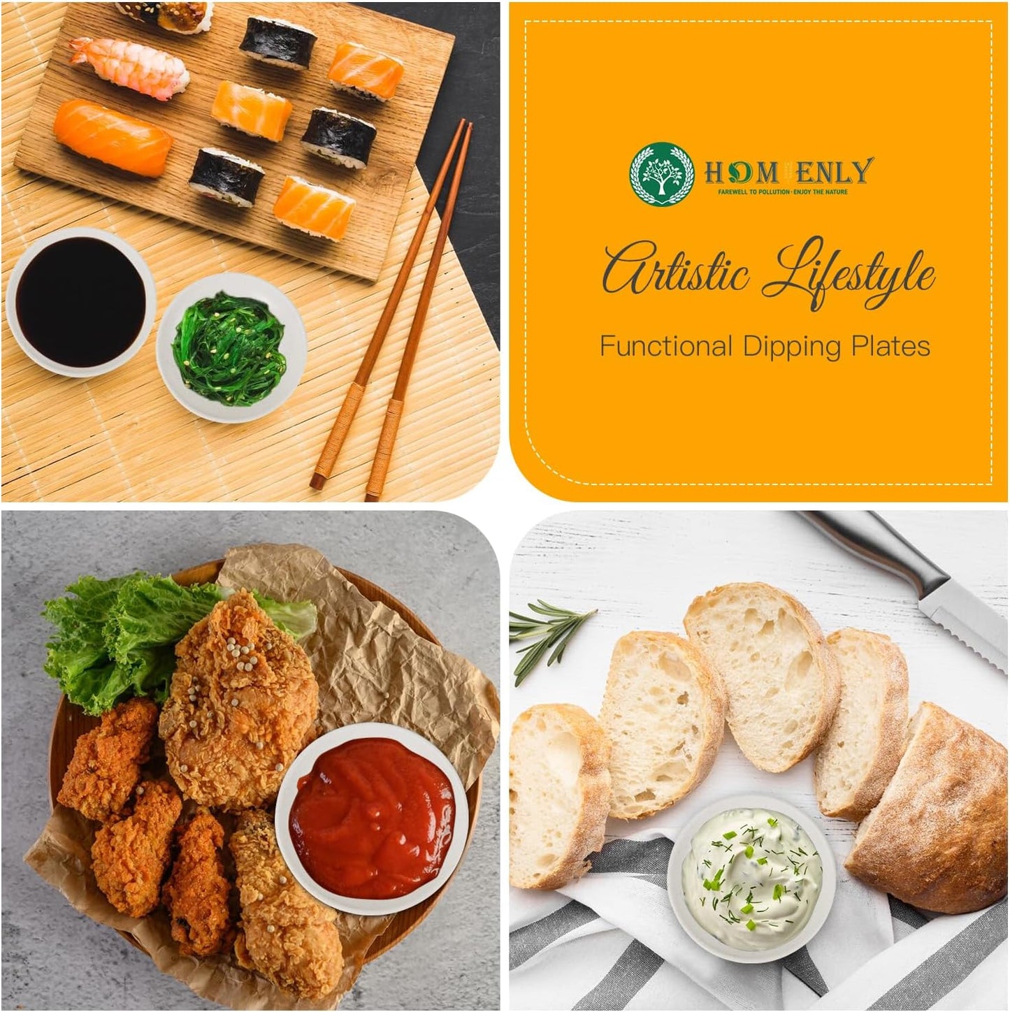 Plastic Dipping Set of 8 - 4 inch Wheat Straw Plates, Soy Sauce Dish, Dipping Bowls, Mini Appetizer Plates for Side Dishes, Condiment, BBQ and Party Dinner - White