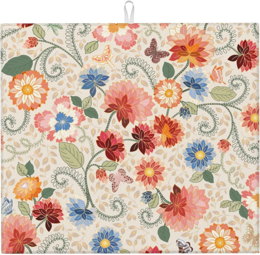 Mandala Flowers Dish Drying Mat 16x18 Inch, Microfiber Absorbent Fast Dry Mat Colorful Floral Large Dish Mat Drying Kitchen Mat, Kitchen Drying Pad for Kitchen Counter Coffee Bar Decor Gifts