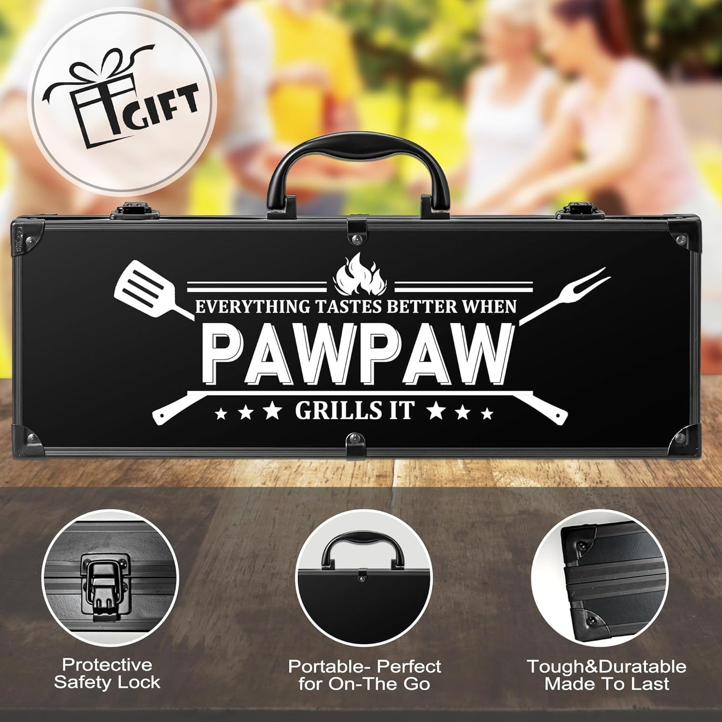 Paw Paw Gifts from Grandkids, Grilling Accessories, Heavy Duty Stainless Steel BBQ Grill Tools for Outdoor Grill with Aluminum Case, Pawpaw Grill Utensils Ideal Christmas Grilling Gift (Black)