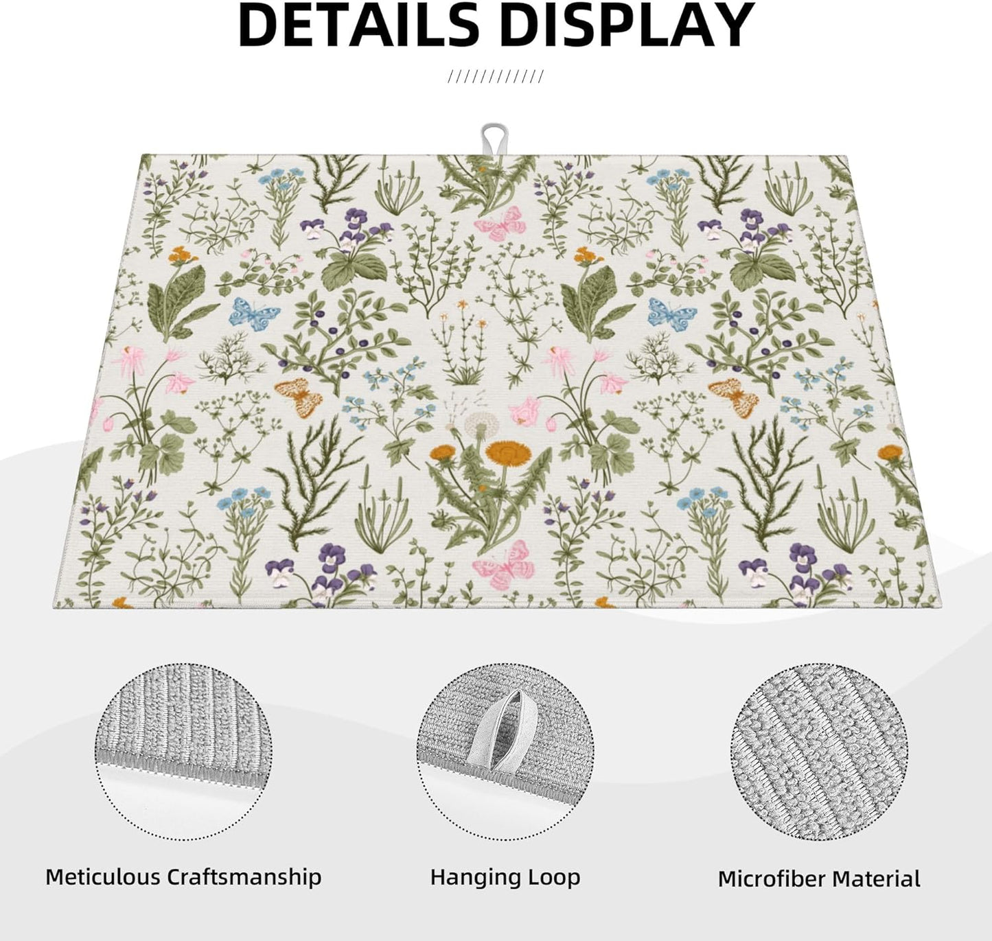 Vintage Floral Spring Summer Dish Drying Mat for Kitchen Counter, Herbs and Wild Flowers Drying Pad 18x24 Inch Absorbent Reversible Cute Botanic Dish Drainer Rack Mats