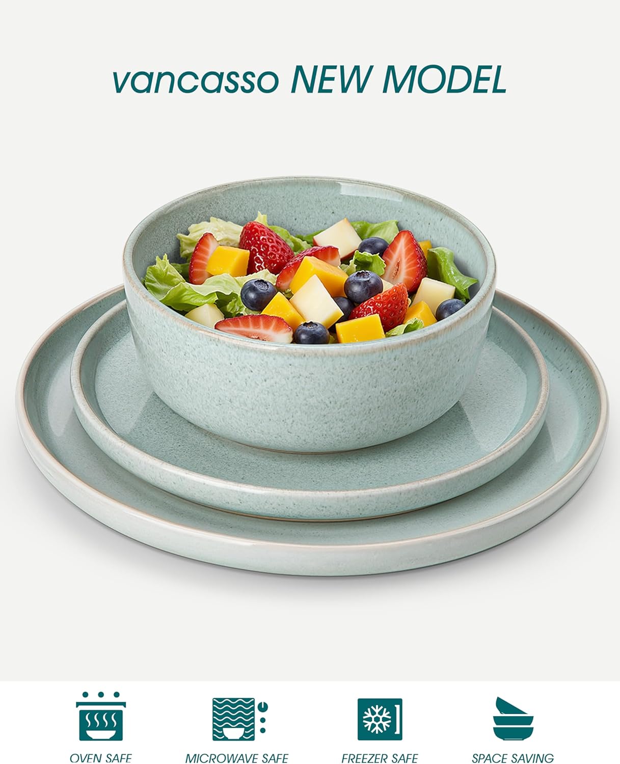 vancasso ANYA 24 Pieces Plates and Bowls Set, Mint Green Dinnerware Sets, Reactive Glaze Dishes Set for 8, Ceramic Dishware Sets Kitchen Dinner Set, Microwave & Dishwasher Safe