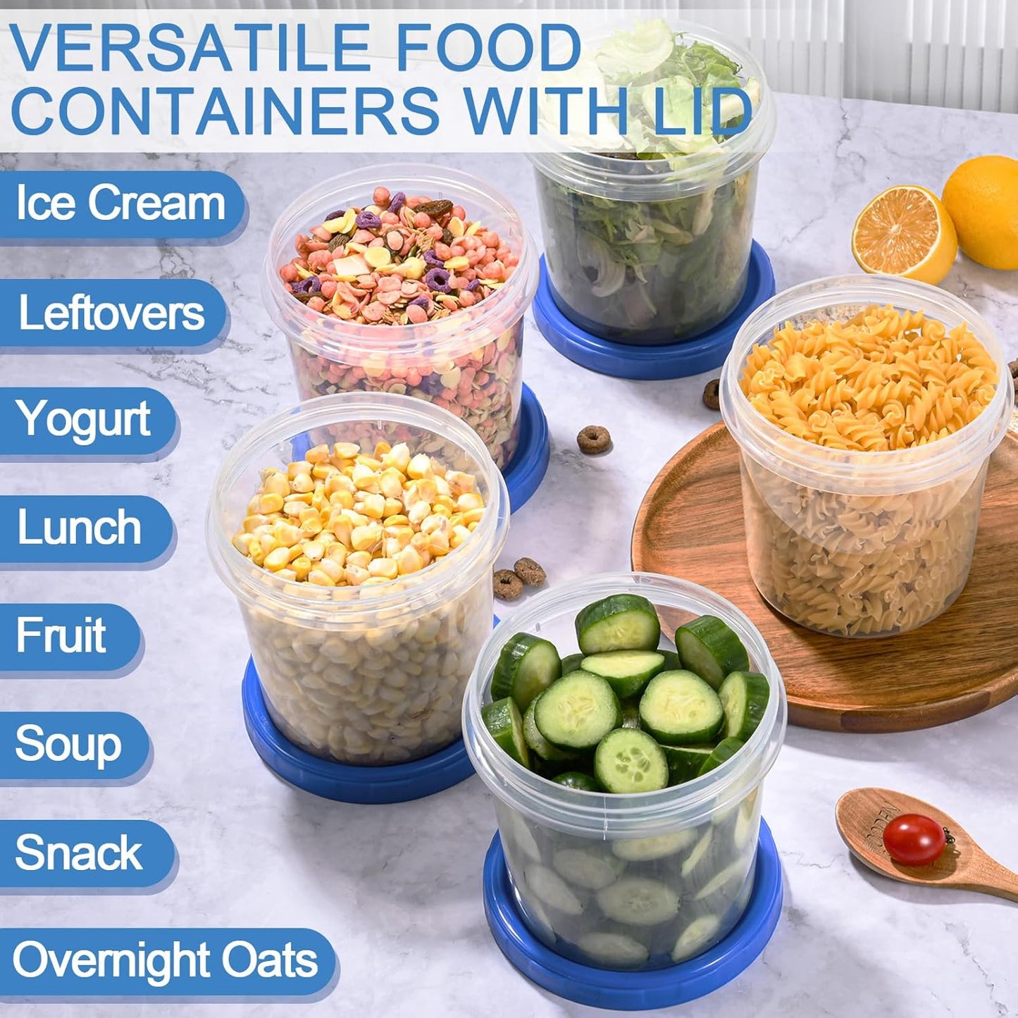 6 Pcs 32 oz Freezer Storage Containers for Soup, Plastic Containers with Screw Top Lids, Reusable Clear Food Storage Containers with Pen and Brush, Microwave & Dishwasher Safe