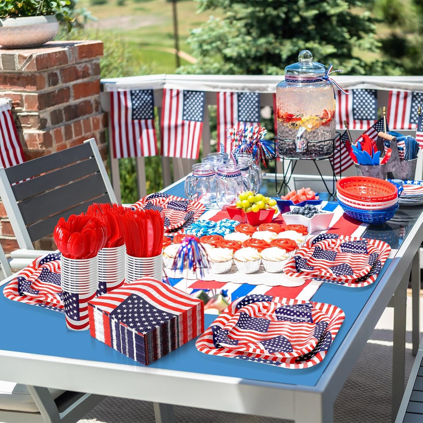 350 Pcs Paper Plates and Napkins Set Disposable Dinnerware Party Supplies Tableware Serve 50 Guest Cups Knife Forks Spoon(Blue,Red,Patriotic)