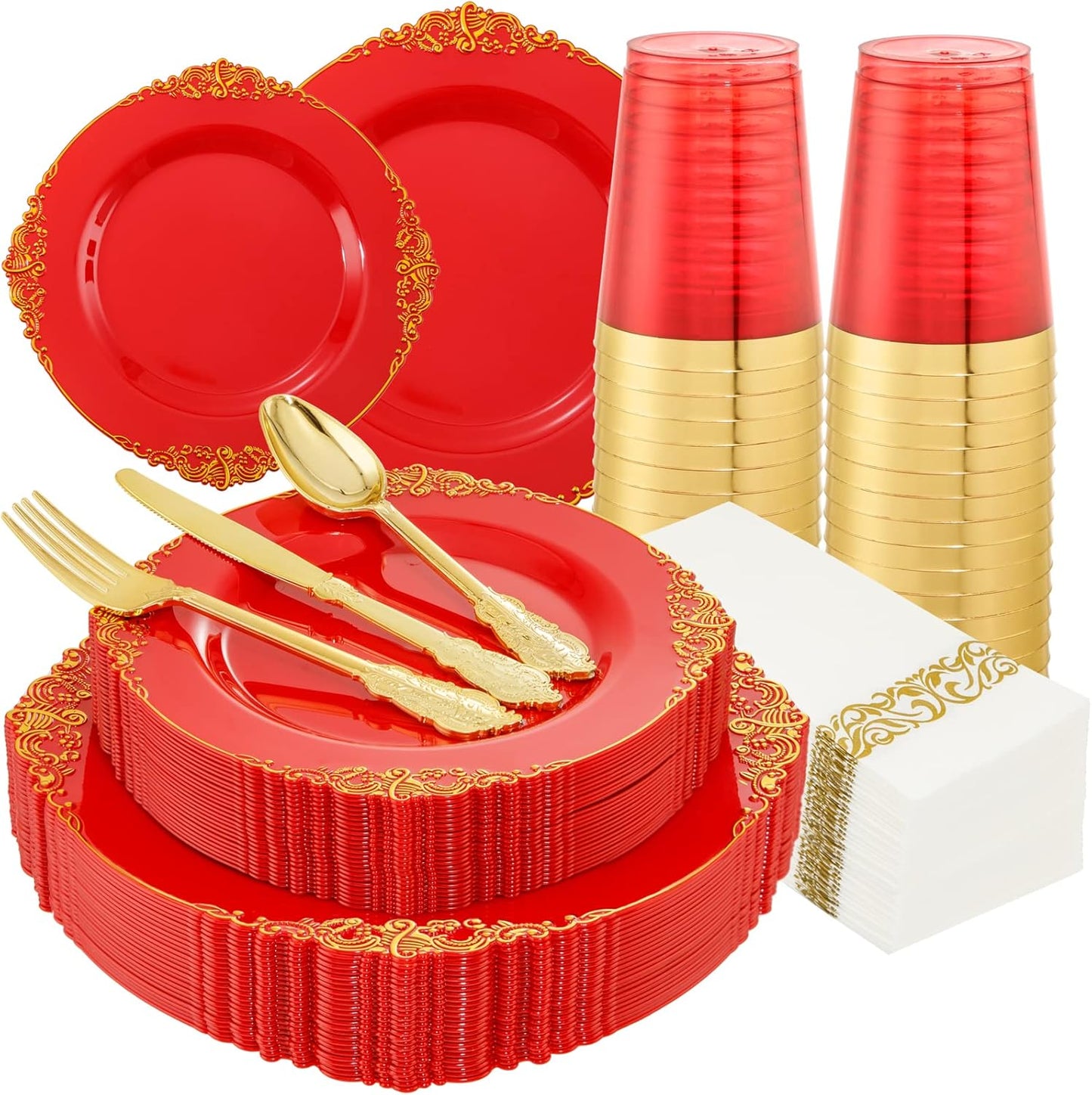 Morejoy 175PCS Red Plastic Plates,Red Disposable Plates With Gold Rim,Red and Gold Plastic Dinnerware Set Includes: 50 Plates,25 Silverware Sets,25 Cups,25 Napkins,Perfect for Party,Wedding