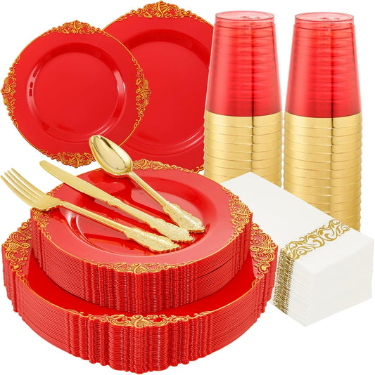 Morejoy 175PCS Red Plastic Plates,Red Disposable Plates With Gold Rim,Red and Gold Plastic Dinnerware Set Includes: 50 Plates,25 Silverware Sets,25 Cups,25 Napkins,Perfect for Party,Wedding