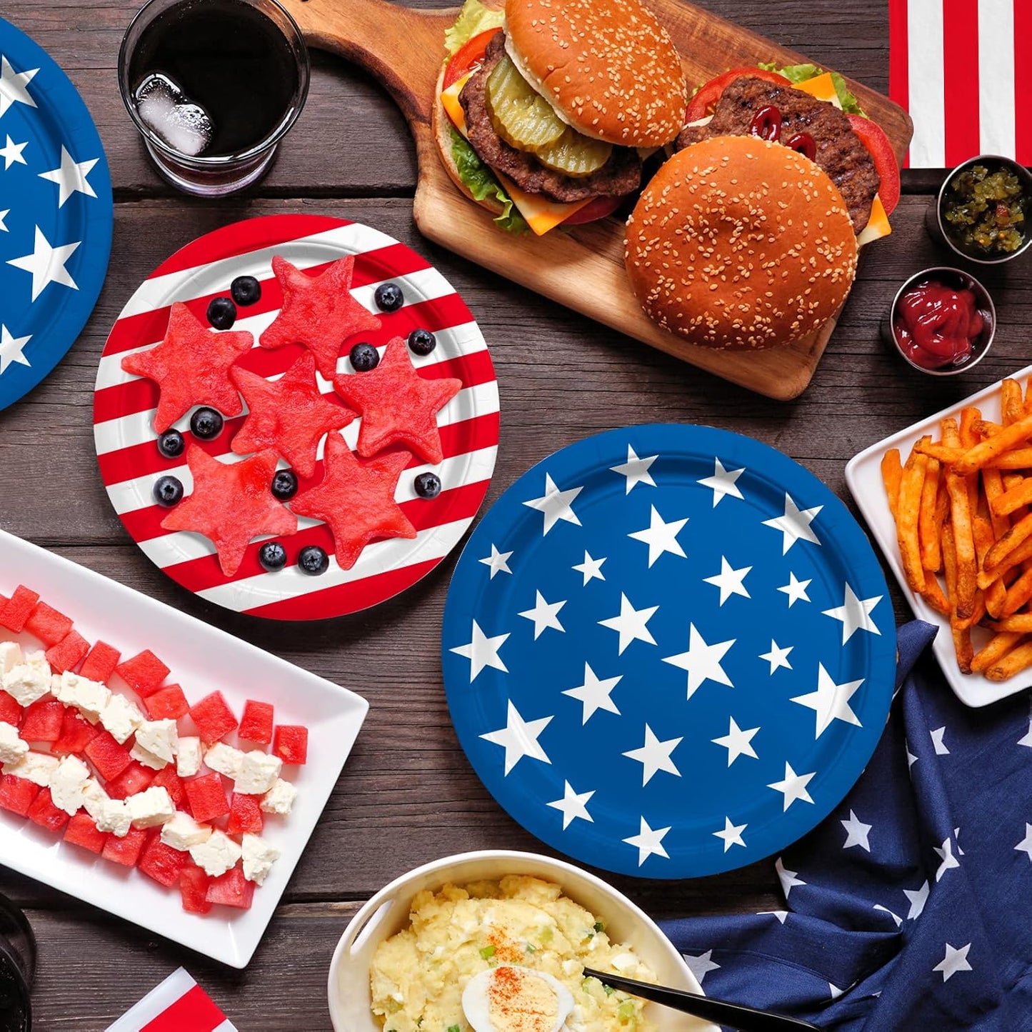 4th of July American Flag Patriotic Party Supplies Disposable Paper Plates Napkins Cocktail Napkins Cups Tablecloth and Banner for Election Day 4th of July Independence Day Decorations, Serve 25