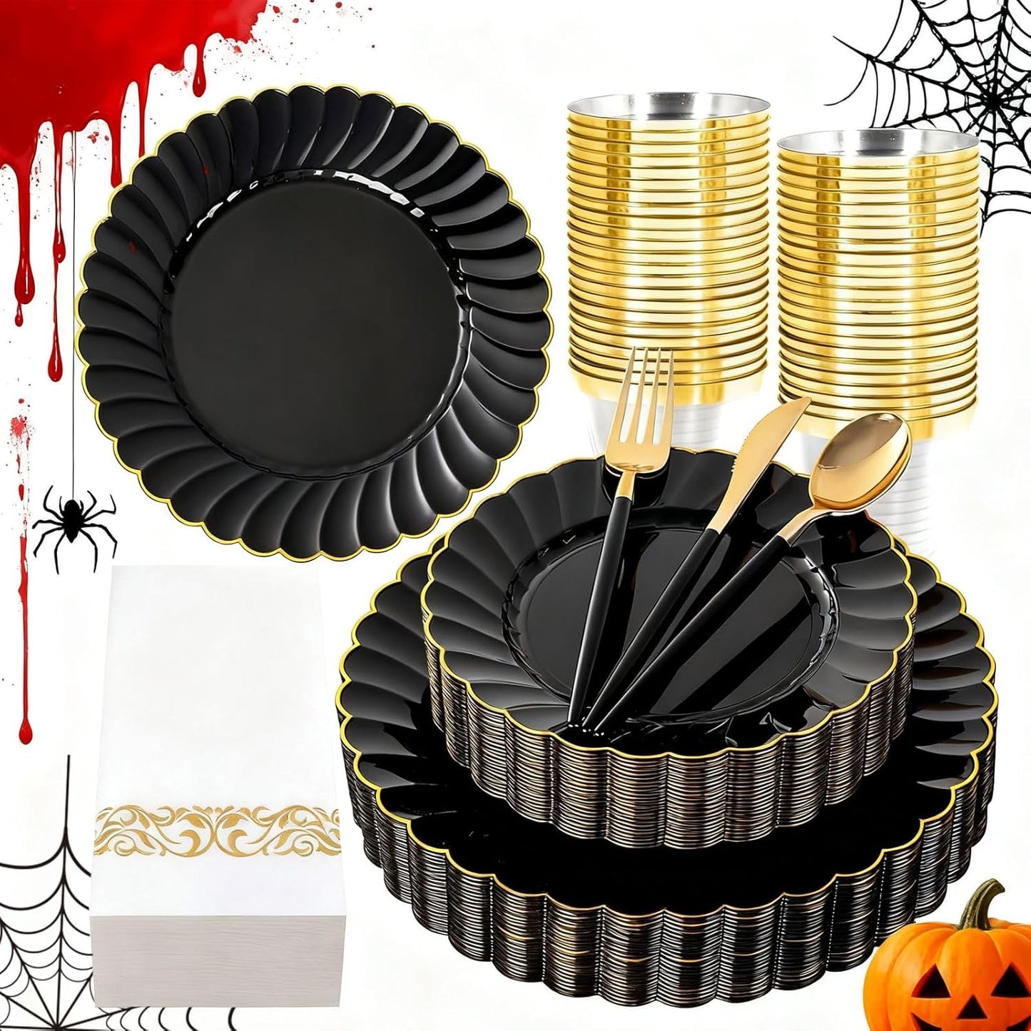 Ciaell 175 PCS Black Scalloped Plastic Plates with Gold Trim - Black Plastic Silverware with Handle - Fancy High-End Dinnerware Sets for Wedding & Showers & Party & Halloween (25 Guests)