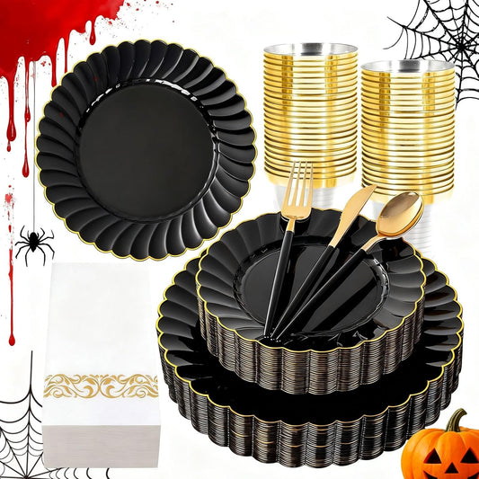 Ciaell 175 PCS Black Scalloped Plastic Plates with Gold Trim - Black Plastic Silverware with Handle - Fancy High-End Dinnerware Sets for Wedding & Showers & Party & Halloween (25 Guests)