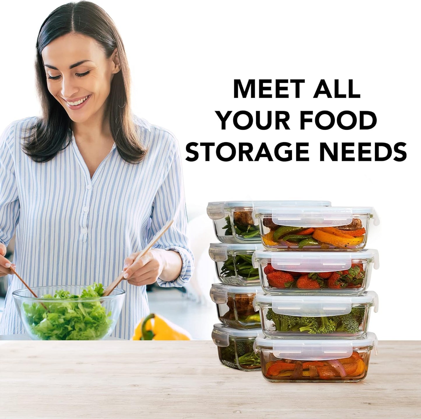 Razab 16 Pc (Set of 8) 30 Oz Glass Meal Prep Containers with Lids, Airtight Large Glass Food Storage Containers, Reusable Leak Proof BPA Free, Freezer to Oven and Dishwasher Safe