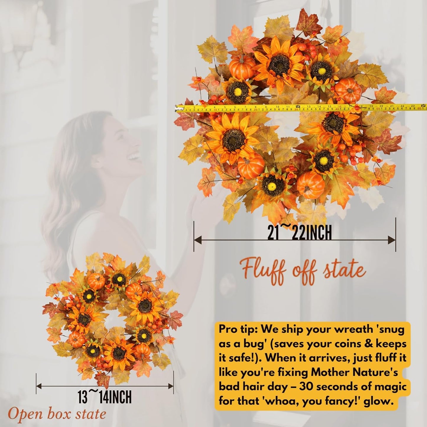 22 Inch Fall Wreath for Front Door with Sunflowers and Pumpkins, Artificial Autumn Harvest Wreath with Maple Leaves & Berries for Thanksgiving Holiday Home Decor Indoor Outdoor