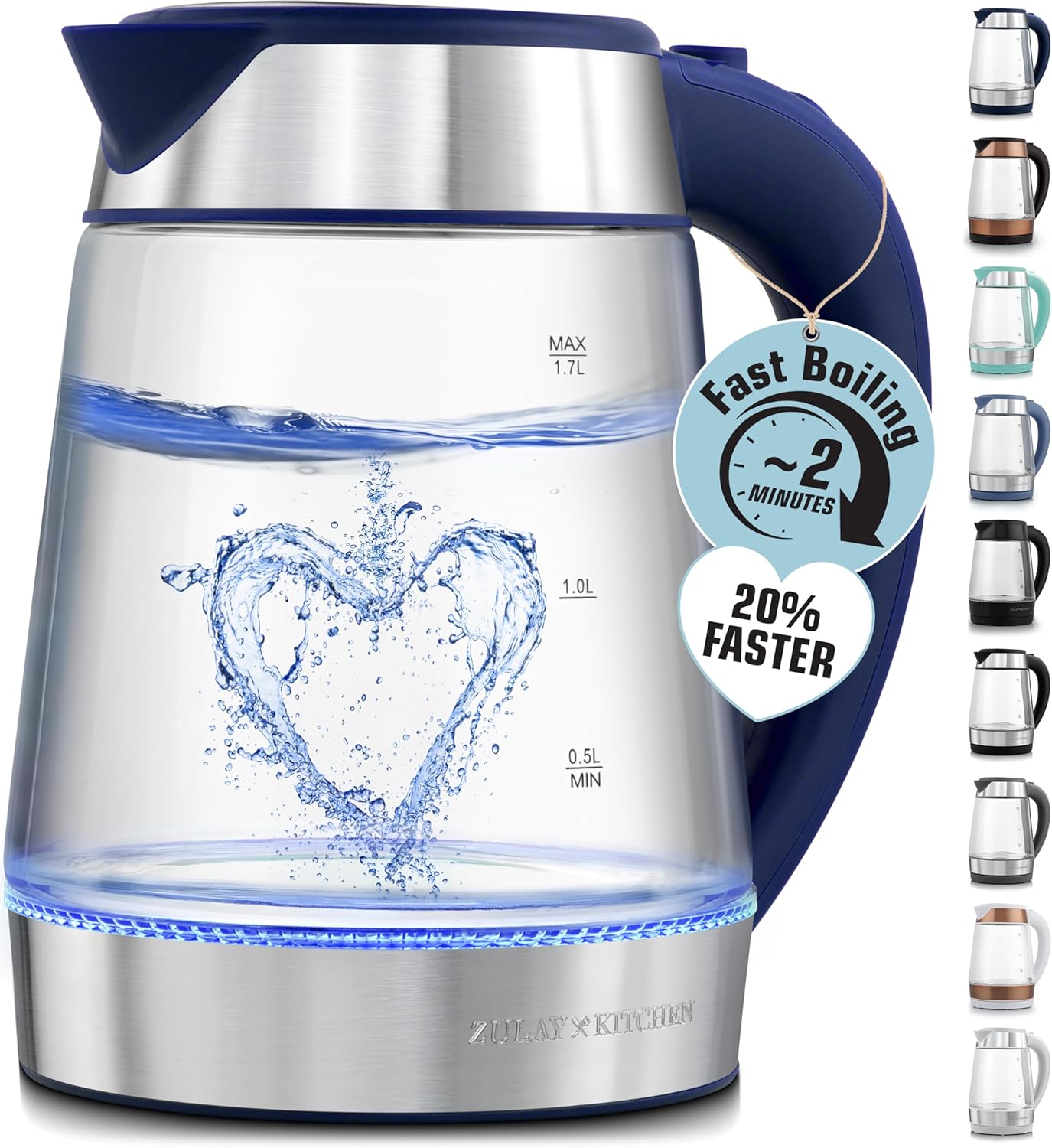 Zulay Kitchen Fast Boiling Electric Water Kettle - 1.7L, 1500W, Auto Shut-Off for Overboil & Boil Dry Protection, Cool-Touch Handle, 360° Base - Rapid Teapot Boiler For Coffee & Tea - Navy