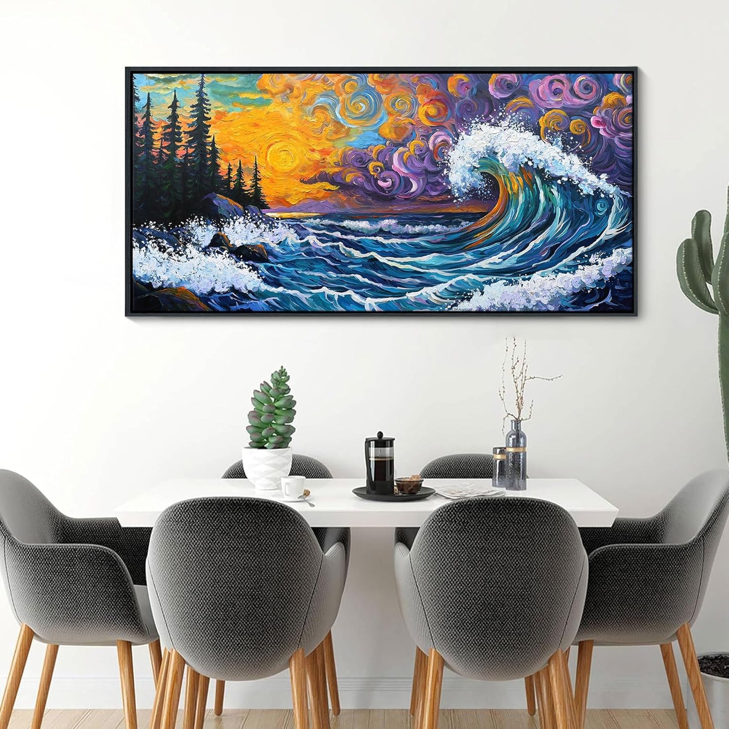 CHATYOUNG Large Framed Wall Art, Abstract Van Gogh Coastal Waves Sunrise Landscape Canvas Paintings Modern Pictures Print Artwork for Living Room Bedroom Kitchen Office Home Wall Decor 24"X48"