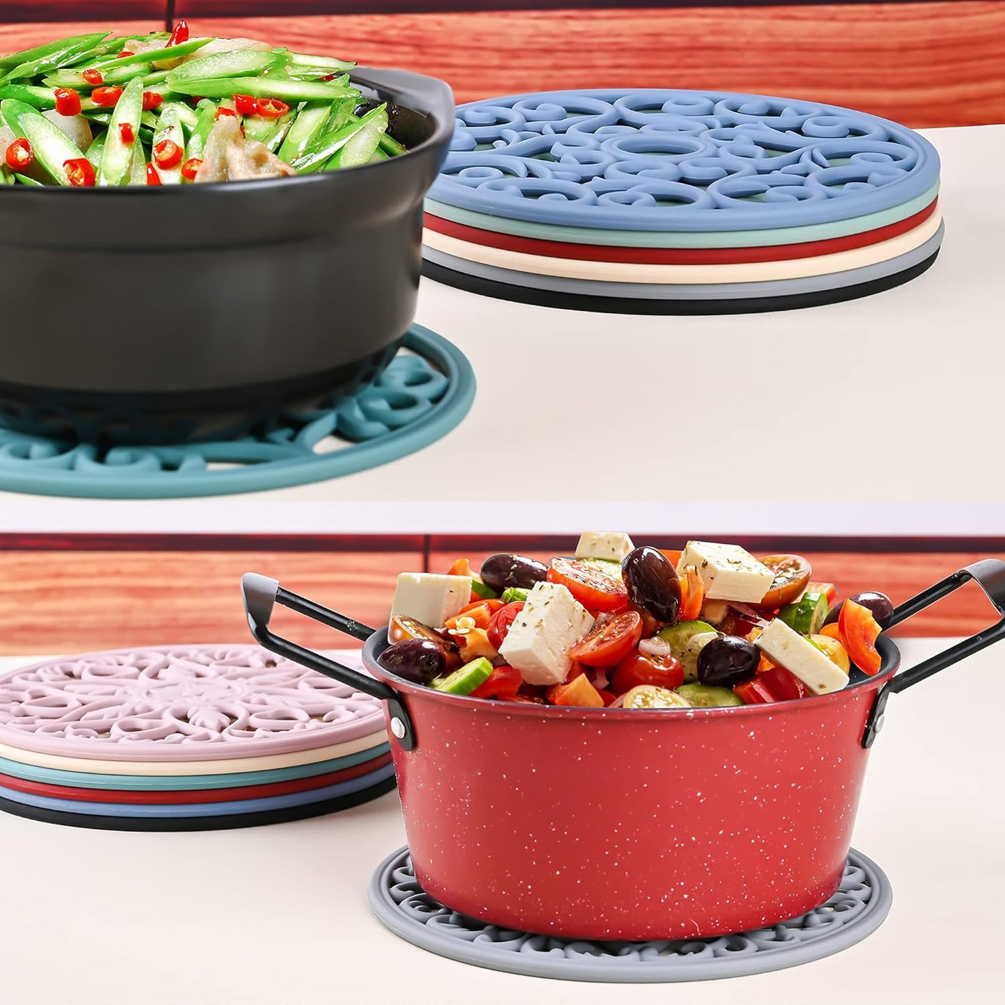 Smitchraft Silicone Trivets for Hot Dishes, Pots & Pans, Multi-Use Hot Pads Kitchen Quartz Countertops, Pot Holders Trivet Mat, Non-Stick Carved Heat Resistant Mats for Counter & Table, Set 3 Biege