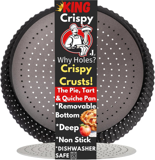 Why Holes: For The Crispiest Crusts. King Crispy's Deep Pie, Tart & Quiche Pan. A Non-Stick, Removable Bottom, Dishwasher Safe, Perforated Pie Pan Baking Plate Dish (9 inch x 2 Deep).