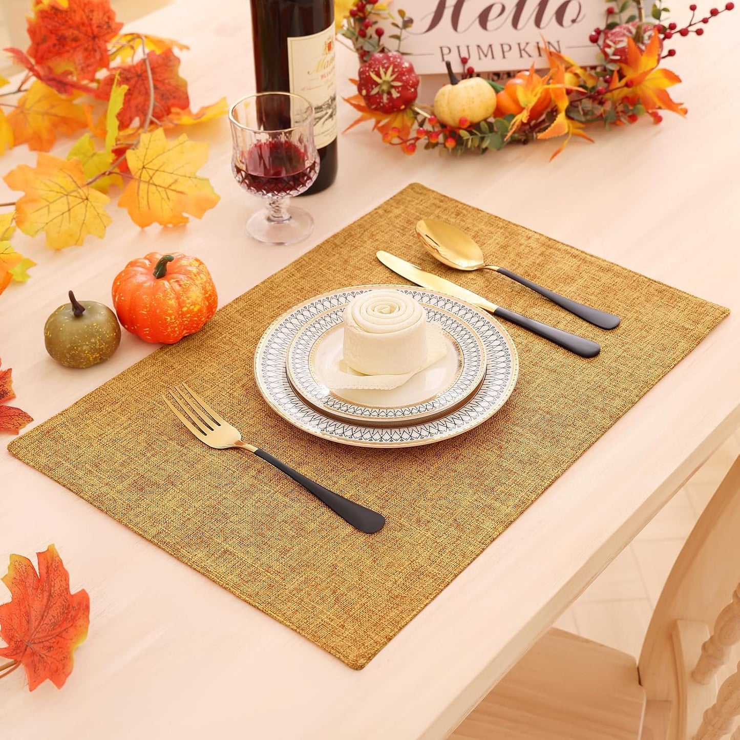 Homaxy Cloths Placemats for Dining Table Set of 4, Heat Resistant Washable Cotton Linen Blend Table Mats, Ideal for Kitchen Party Dining Decoration, 13" x 19", Amber